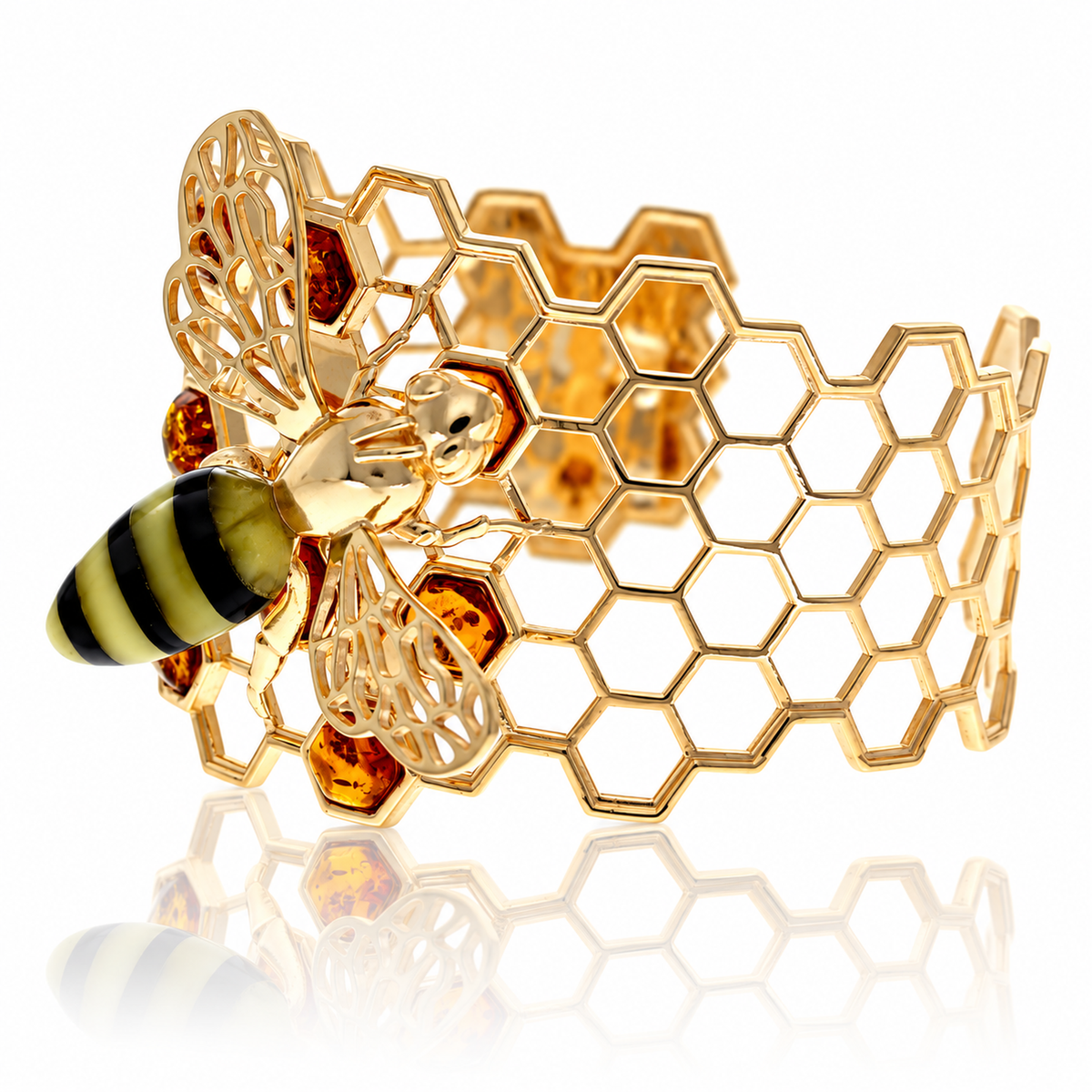 18k Gold-plated 925 Sterling Silver & Genuine Baltic Amber Bee Bangle - AB504G