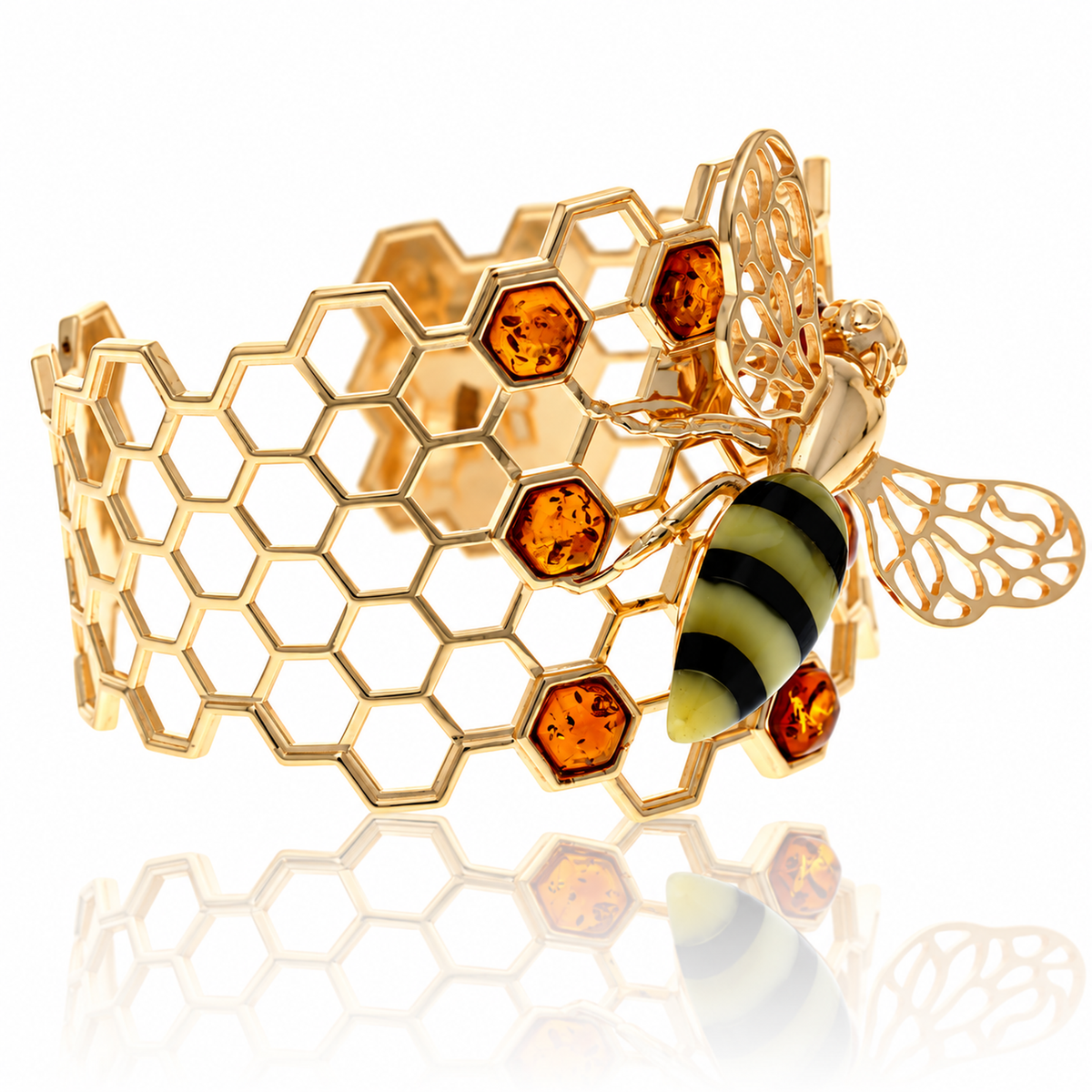 18k Gold-plated 925 Sterling Silver & Genuine Baltic Amber Bee Bangle - AB504G