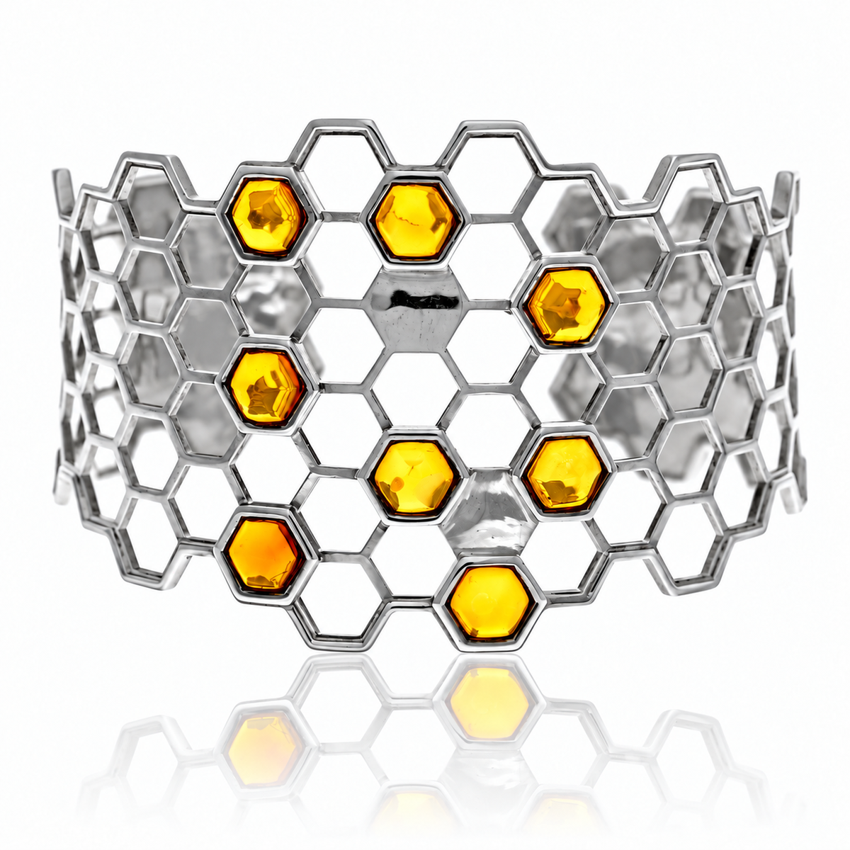 925 Sterling Silver & Genuine Baltic Amber Honeycomb Bangle - AB505