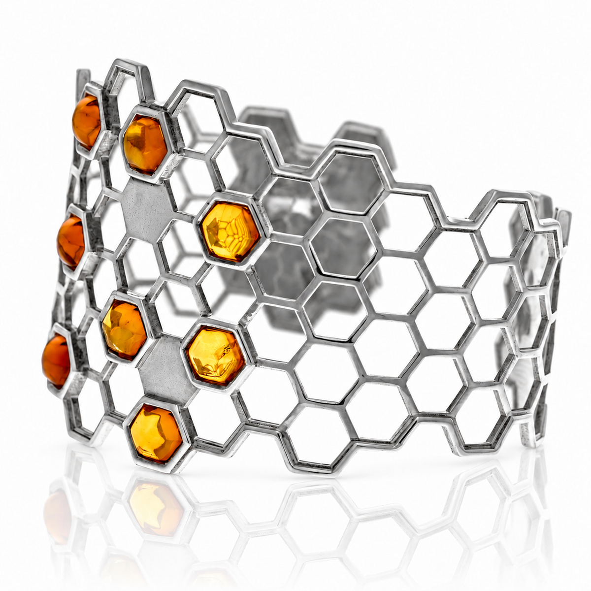 925 Sterling Silver & Genuine Baltic Amber Honeycomb Bangle - AB505