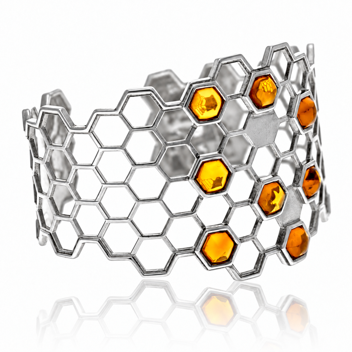 925 Sterling Silver & Genuine Baltic Amber Honeycomb Bangle - AB505