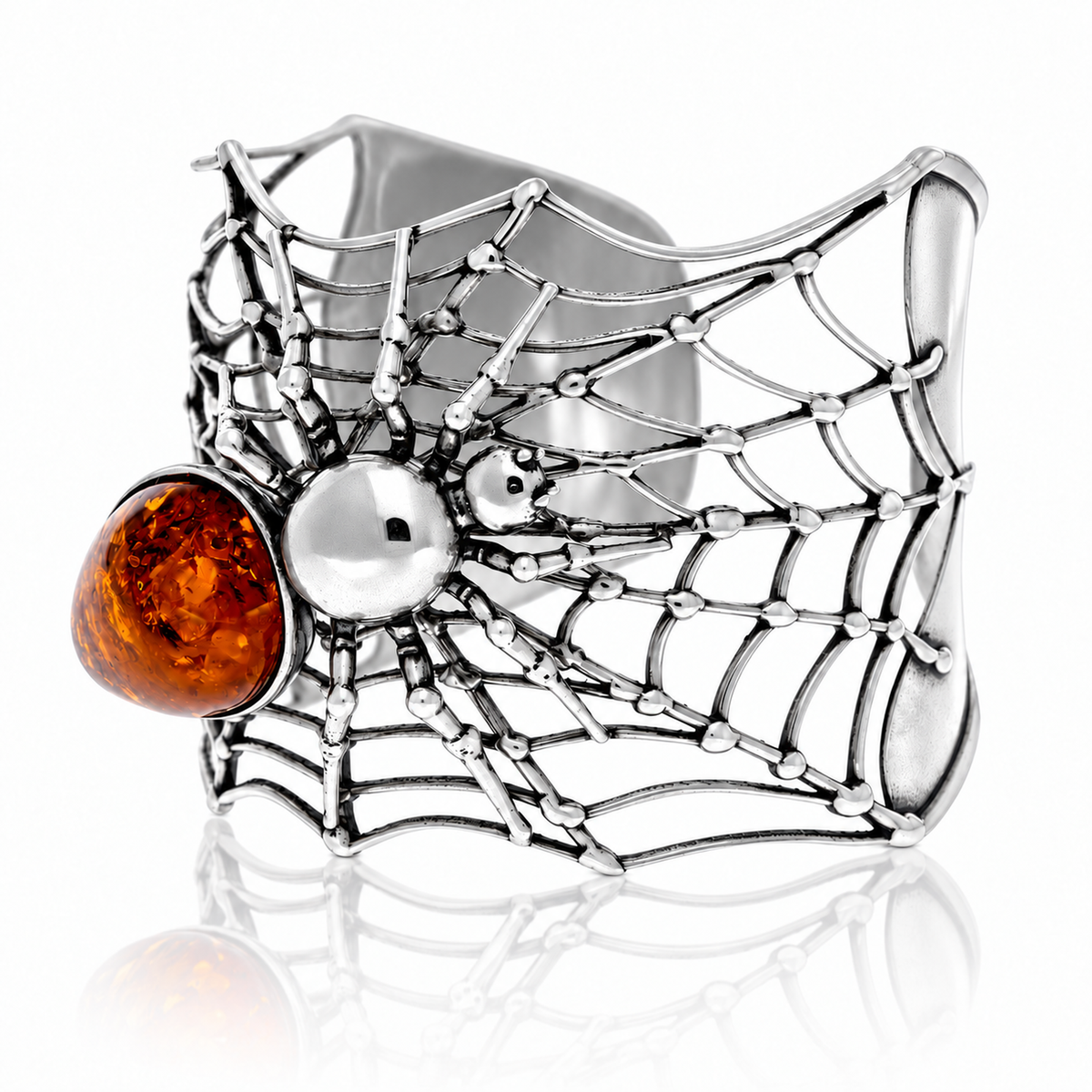 925 Sterling Silver & Genuine Baltic Amber Huge exclusive Spider Cuff / Bangle - AB506