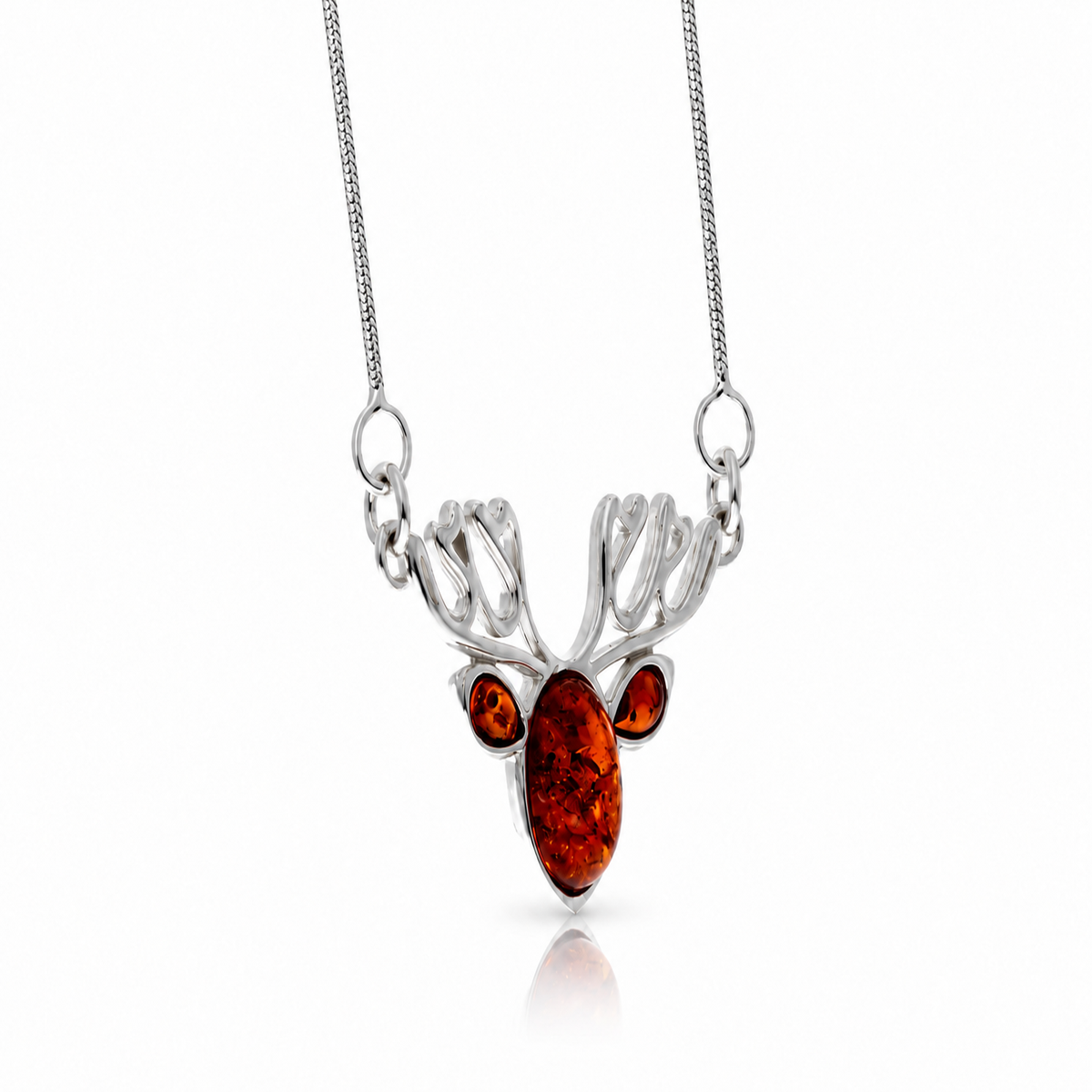 925 Sterling Silver & Genuine Baltic Amber Winter Reindeer Necklace - AB900