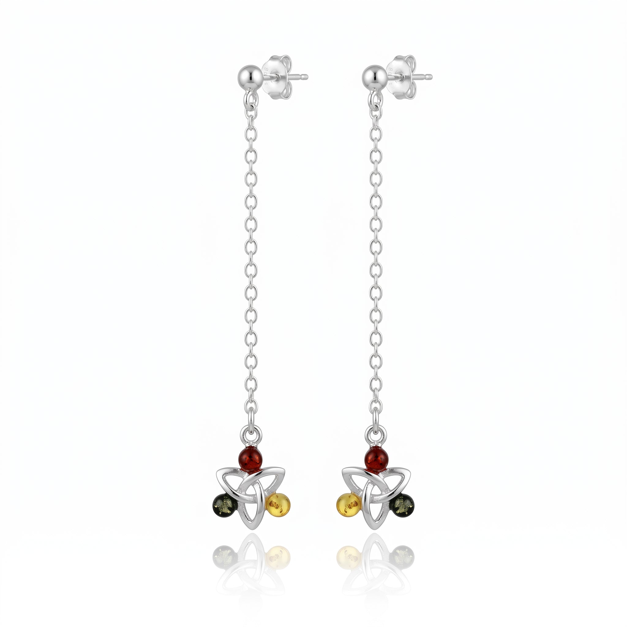 925 Sterling Silver & Genuine Baltic Amber 3 Stone Celtic Drop Earrings - AE2D