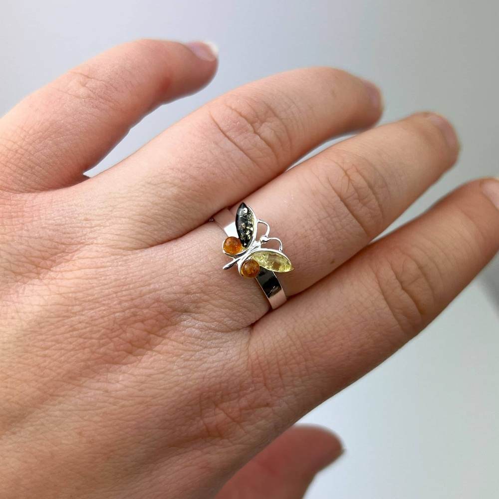 925 Sterling Silver & Genuine Baltic Amber Butterfly Adjustable Ring - AR15