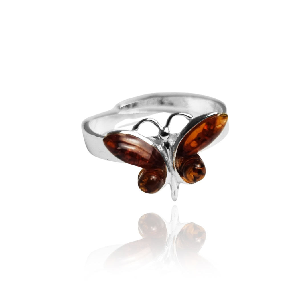 925 Sterling Silver & Genuine Baltic Amber Butterfly Adjustable Ring - AR15
