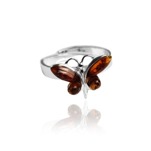 925 Sterling Silver & Genuine Baltic Amber Butterfly Adjustable Ring - AR15