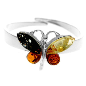 925 Sterling Silver & Genuine Baltic Amber Butterfly Adjustable Ring - AR15