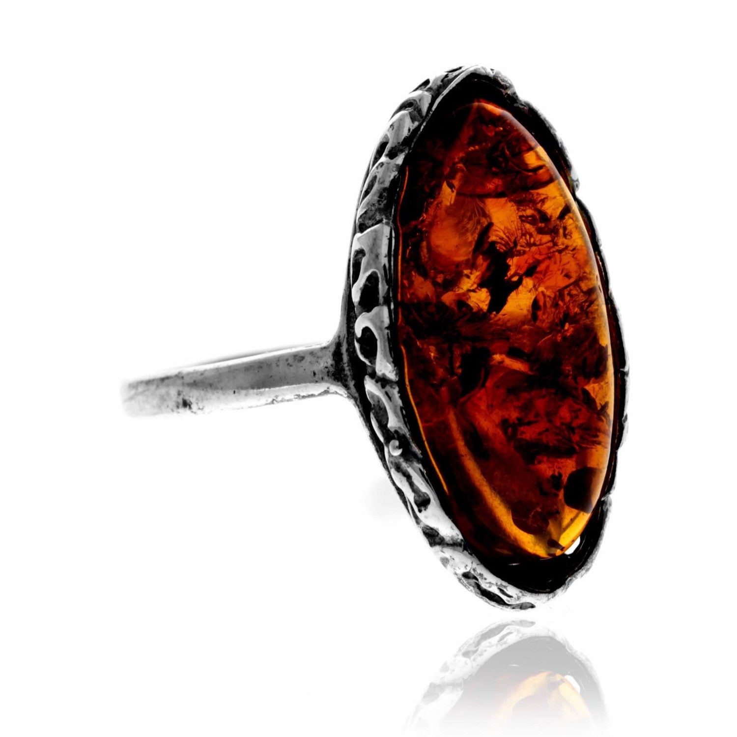 925 Sterling Silver & Genuine Baltic Amber Classic Large Marquise Ring - AR21