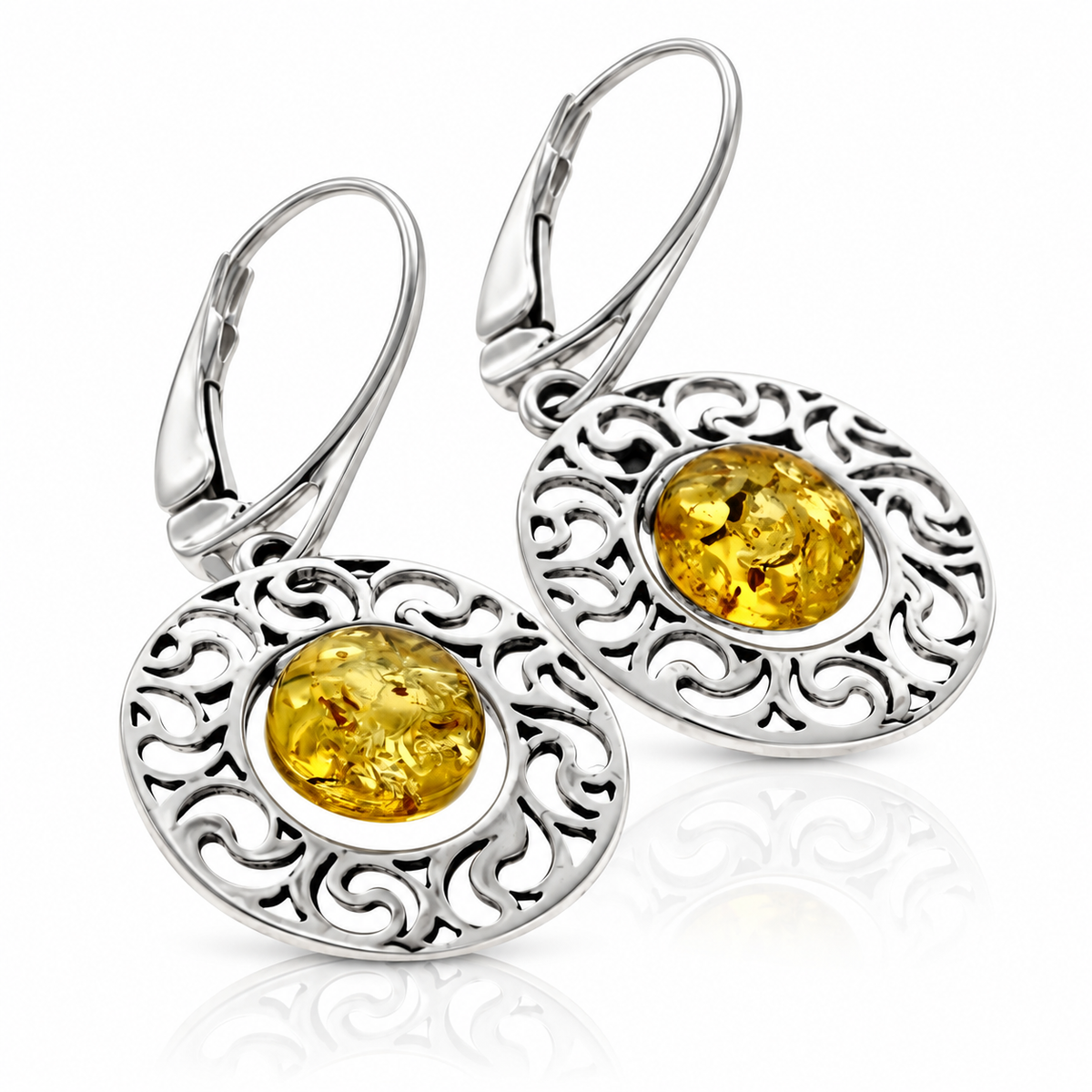925 Sterling Silver & Genuine Baltic Amber Modern Drop Earrings - AE25