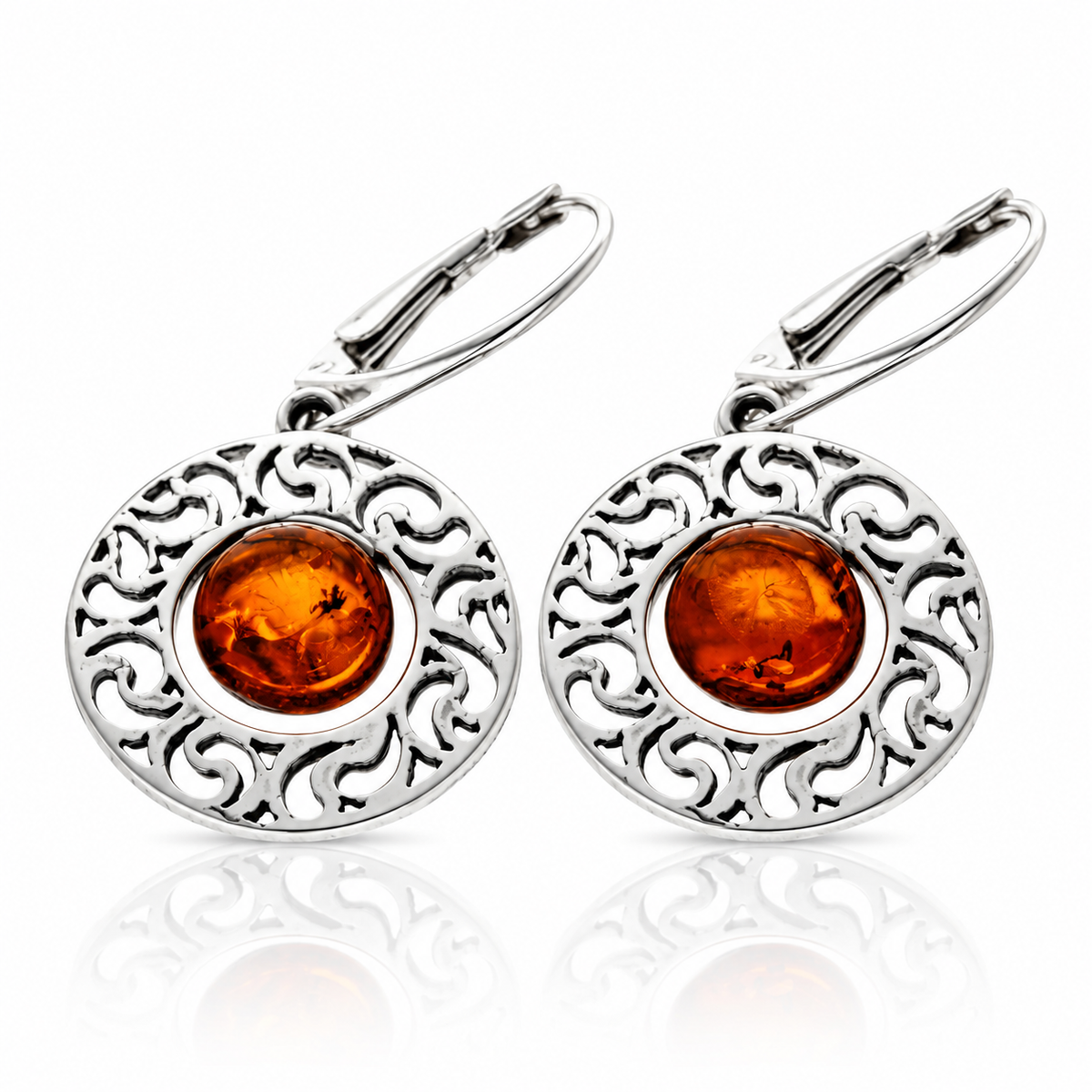 925 Sterling Silver & Genuine Baltic Amber Modern Drop Earrings - AE25