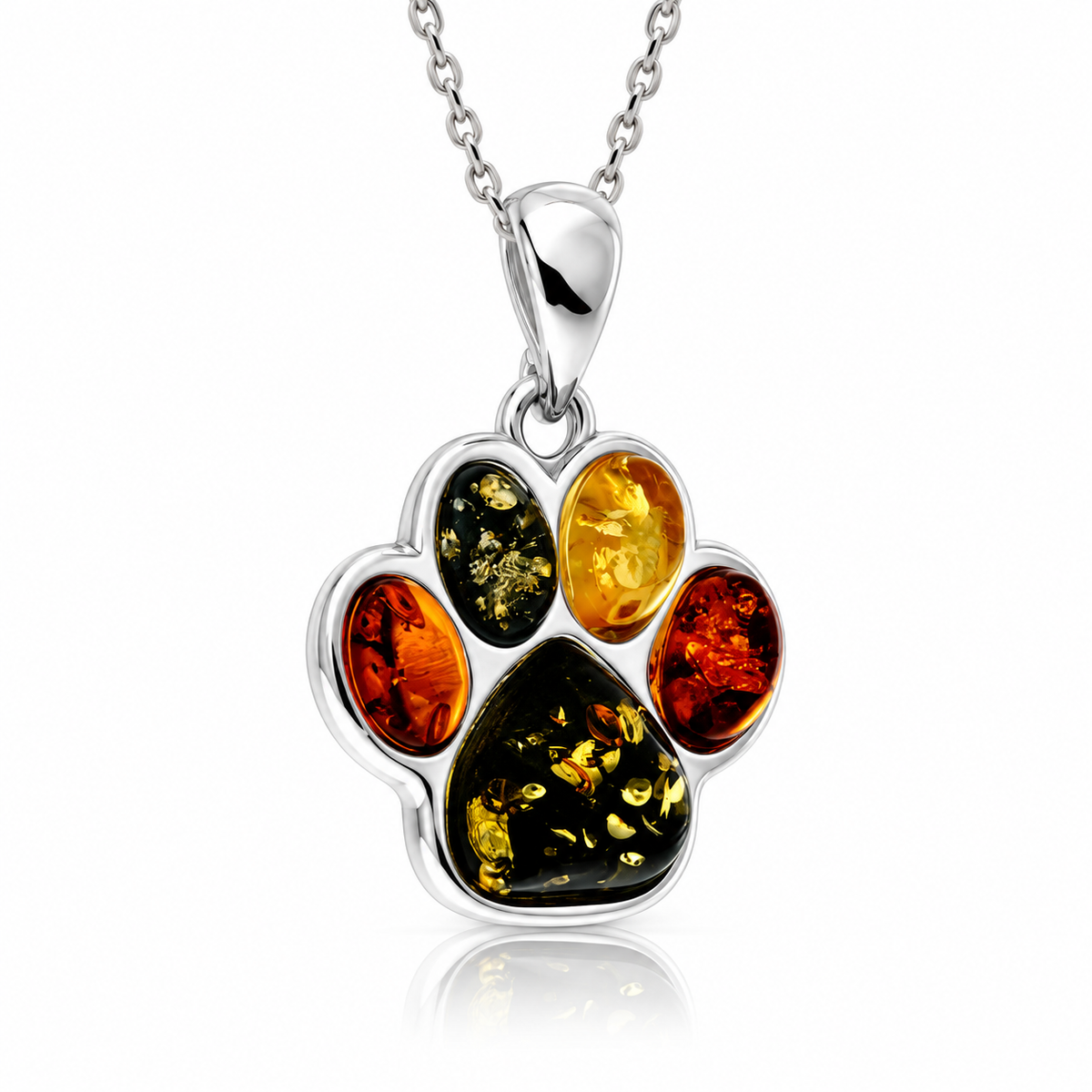 925 Sterling Silver & Genuine Baltic Amber Dog / Cat Paw Pendant - BS200