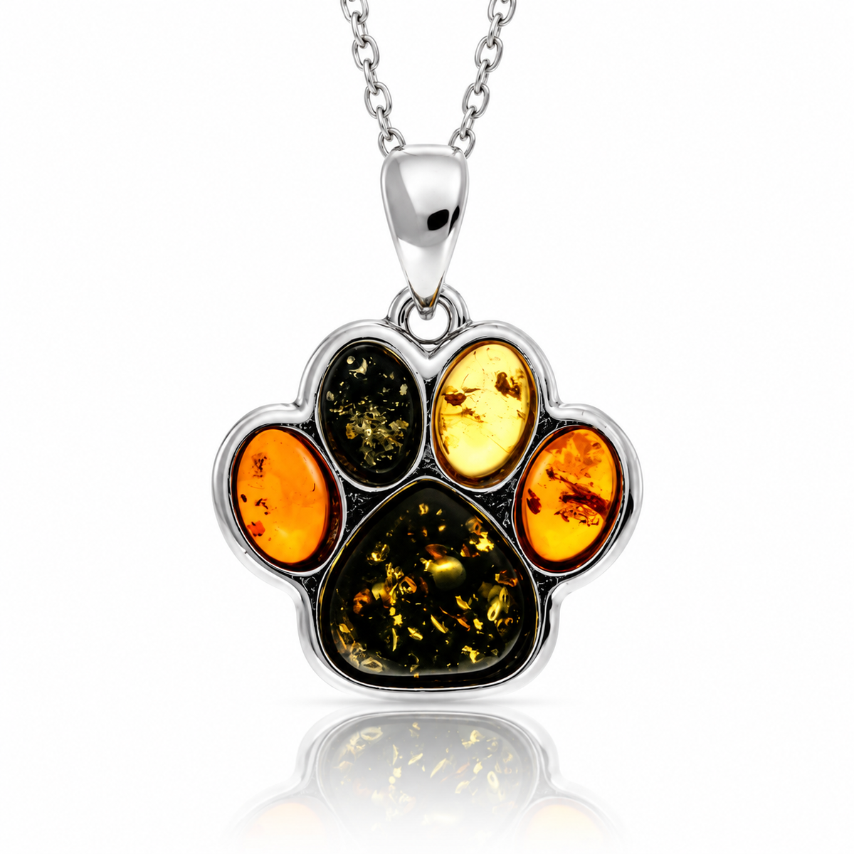925 Sterling Silver & Genuine Baltic Amber Dog / Cat Paw Pendant - BS200