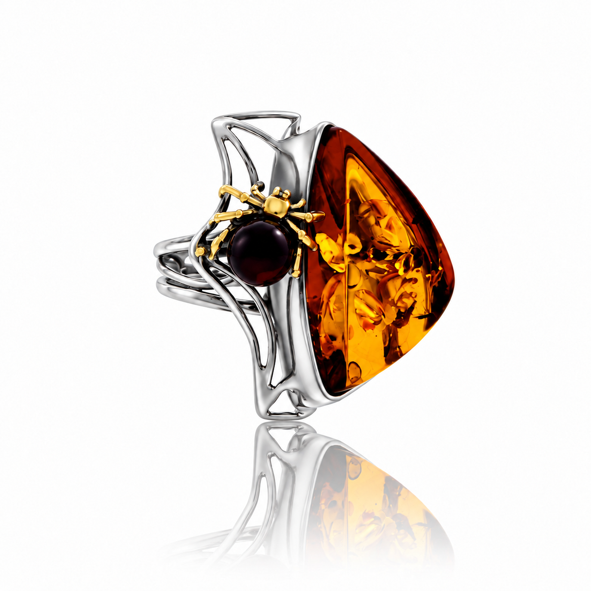 Unique one-of-a-kind 925 Sterling Silver & Genuine Baltic Amber Spider Adjustable Ring - BRG001