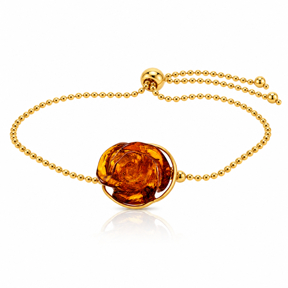 925 Sterling Silver & Genuine Baltic Amber Hand-Carved Rose Adjustable Bracelet - BRG500C