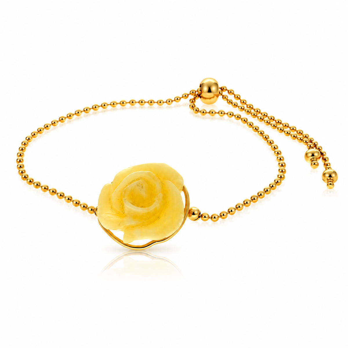 925 Sterling Silver & Genuine Baltic Amber Hand-Carved Rose Adjustable Bracelet - BRG500L