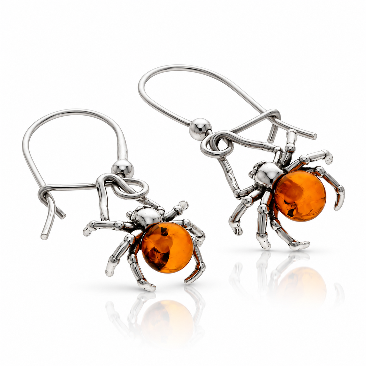 925 Sterling Silver & Genuine Baltic Amber Spider on Amber Ball Dangle Earrings - BS001