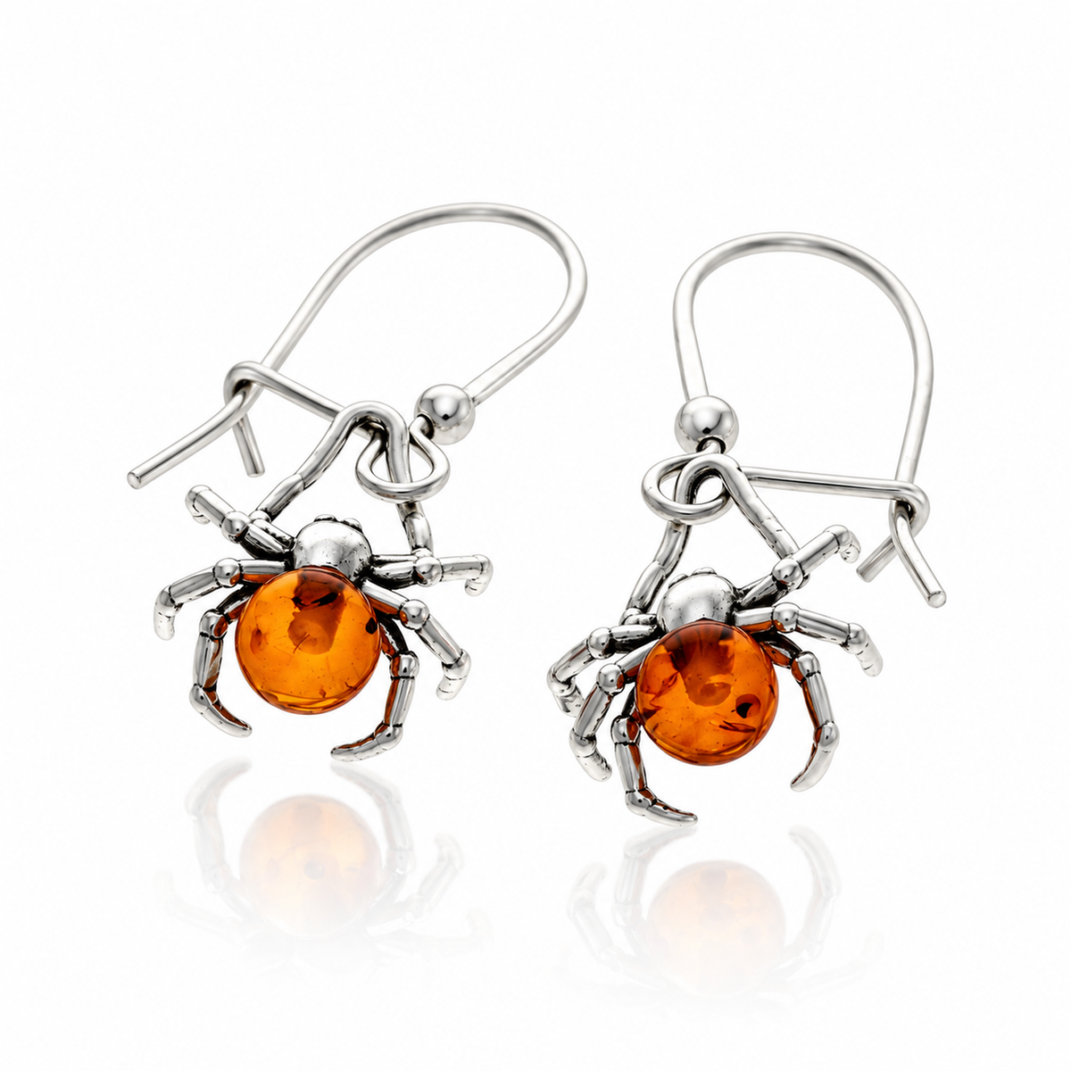925 Sterling Silver & Genuine Baltic Amber Spider on Amber Ball Dangle Earrings - BS001