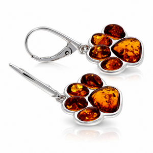925 Sterling Silver & Genuine Baltic Amber Dog Paw Dangle Earrings - BS002