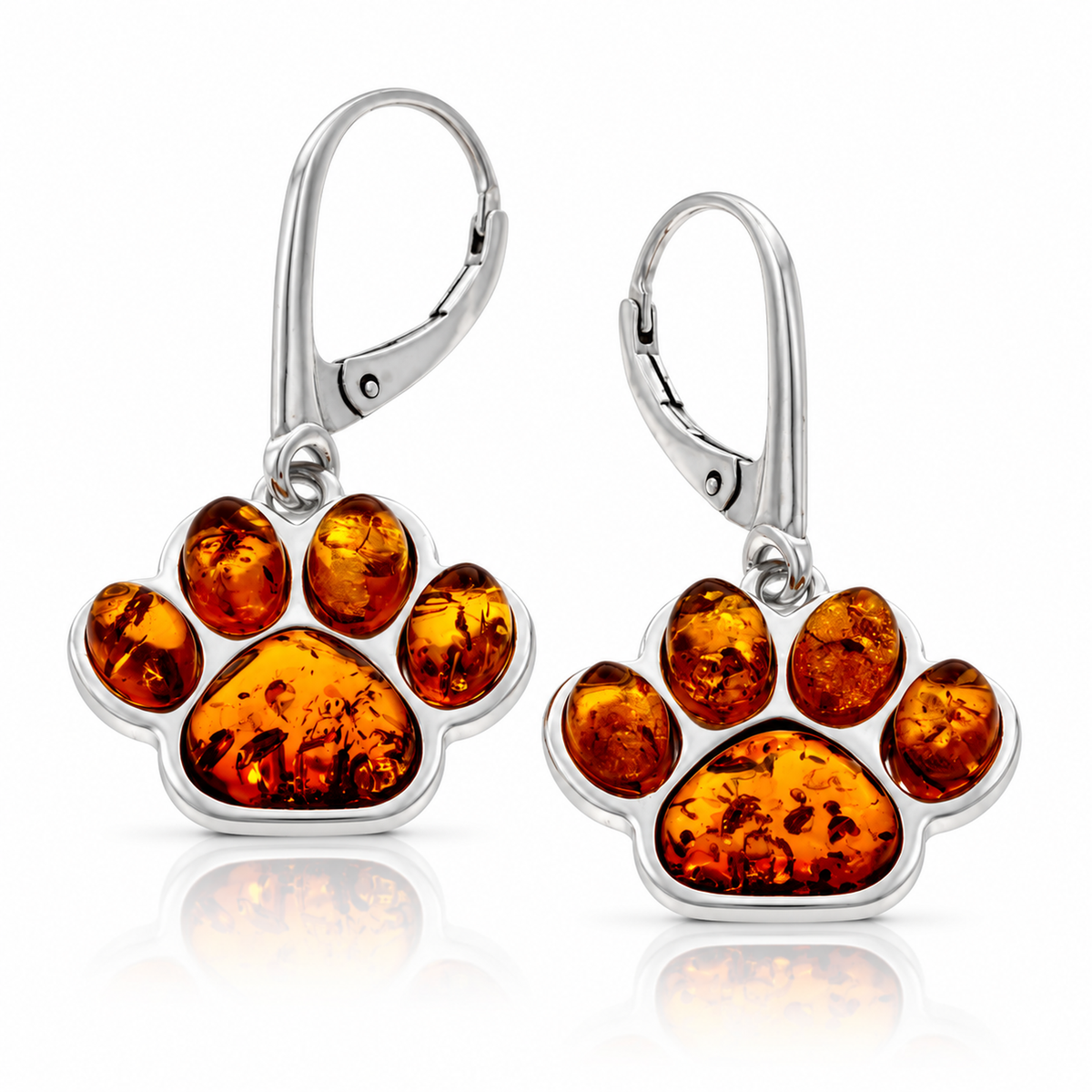 925 Sterling Silver & Genuine Baltic Amber Dog Paw Dangle Earrings - BS002