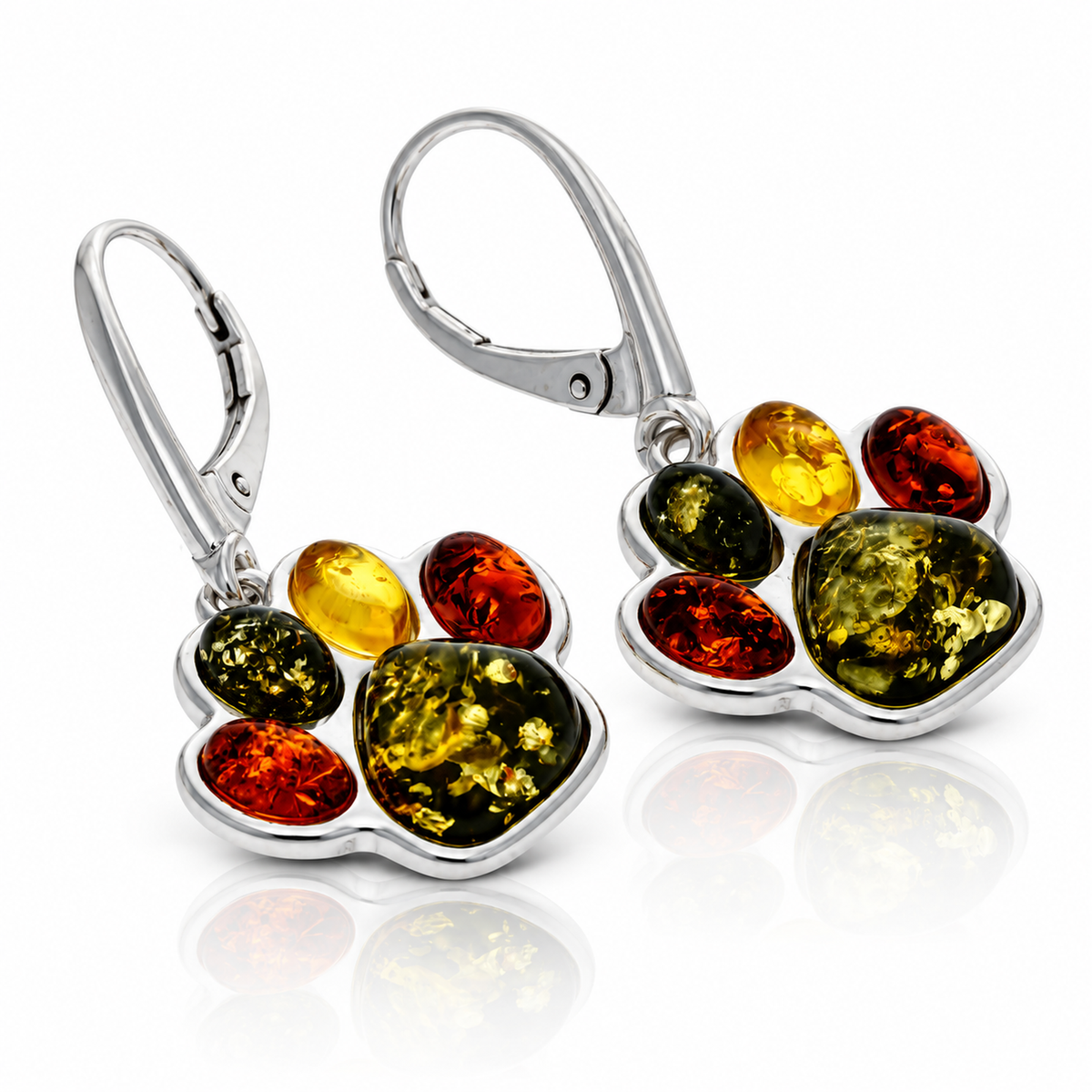 925 Sterling Silver & Genuine Baltic Amber Dog Paw Dangle Earrings - BS002