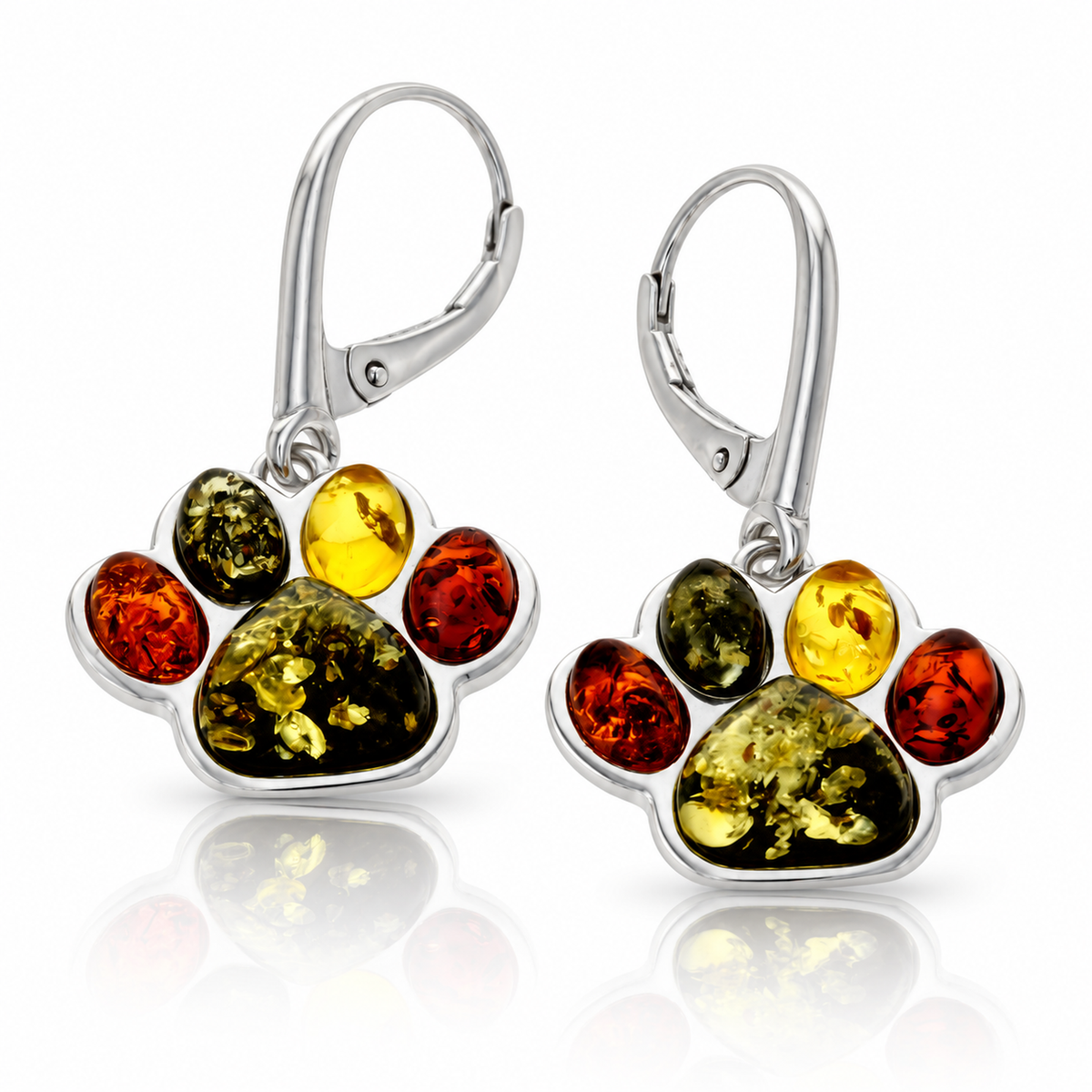 925 Sterling Silver & Genuine Baltic Amber Dog Paw Dangle Earrings - BS002