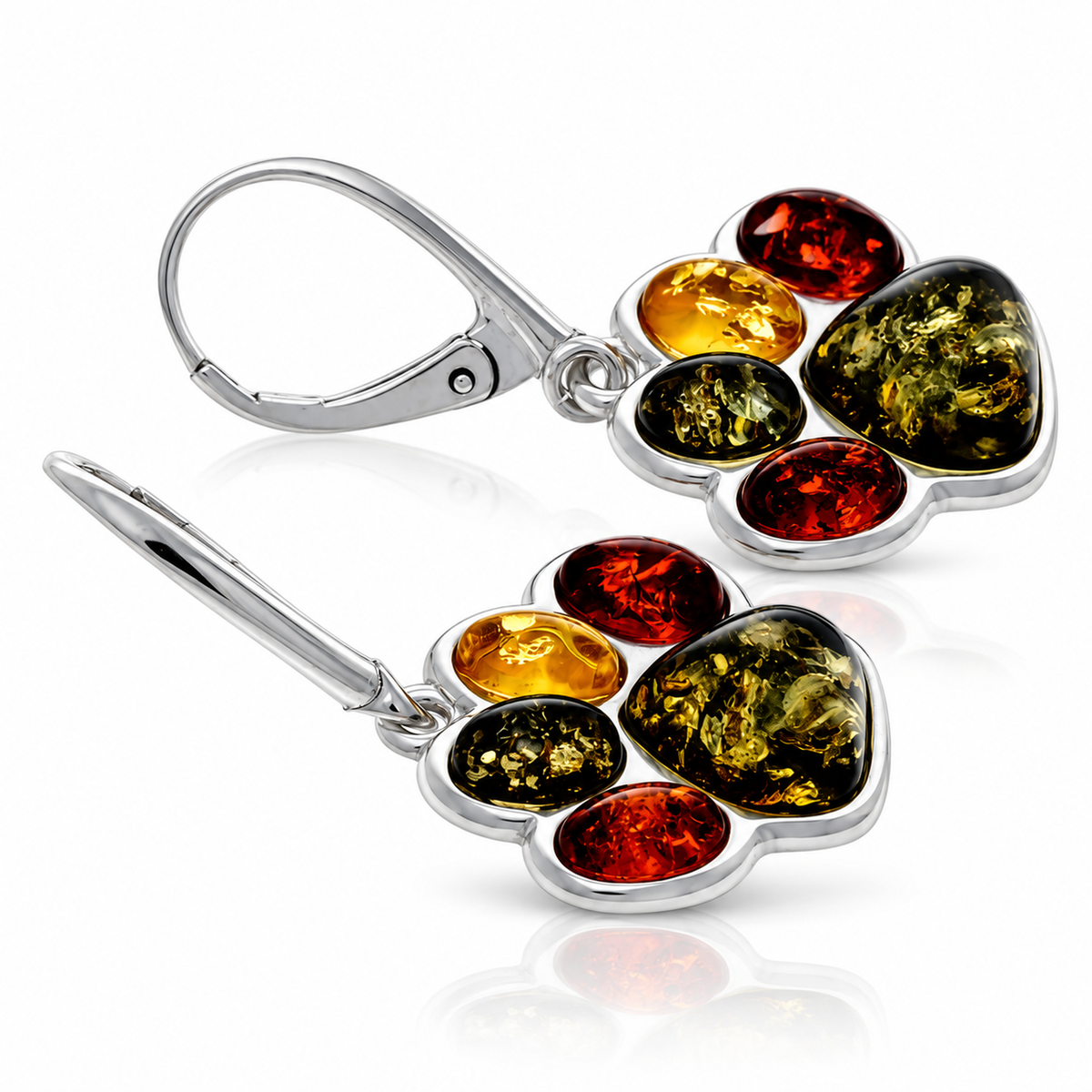 925 Sterling Silver & Genuine Baltic Amber Dog Paw Dangle Earrings - BS002