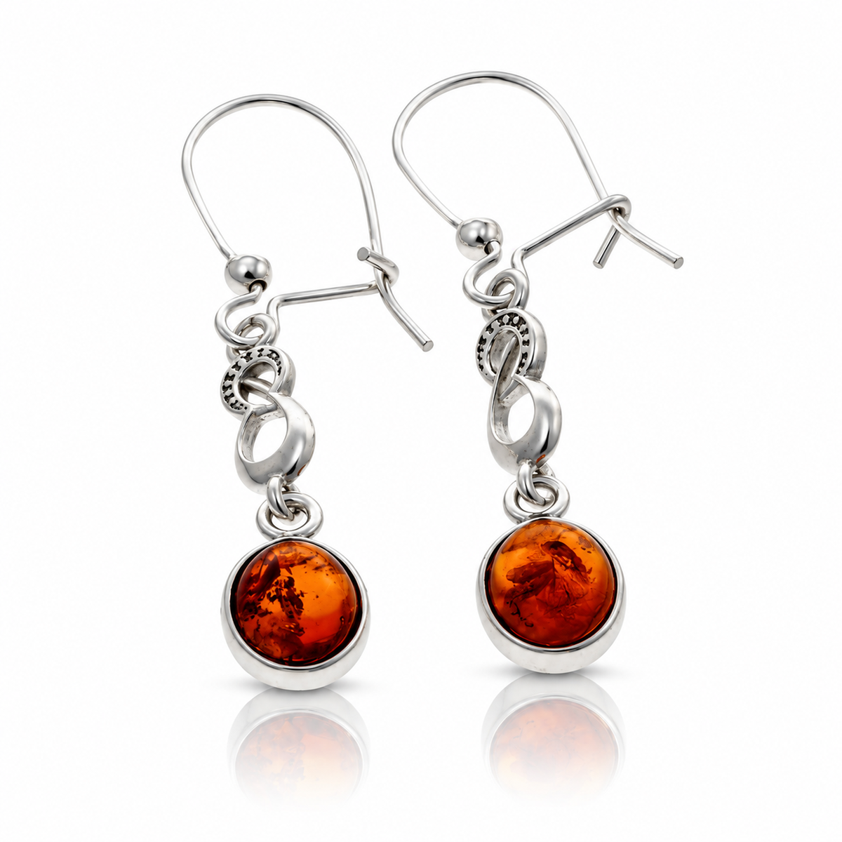 925 Sterling Silver & Genuine Baltic Amber Infinity Dangle Earrings - BS003