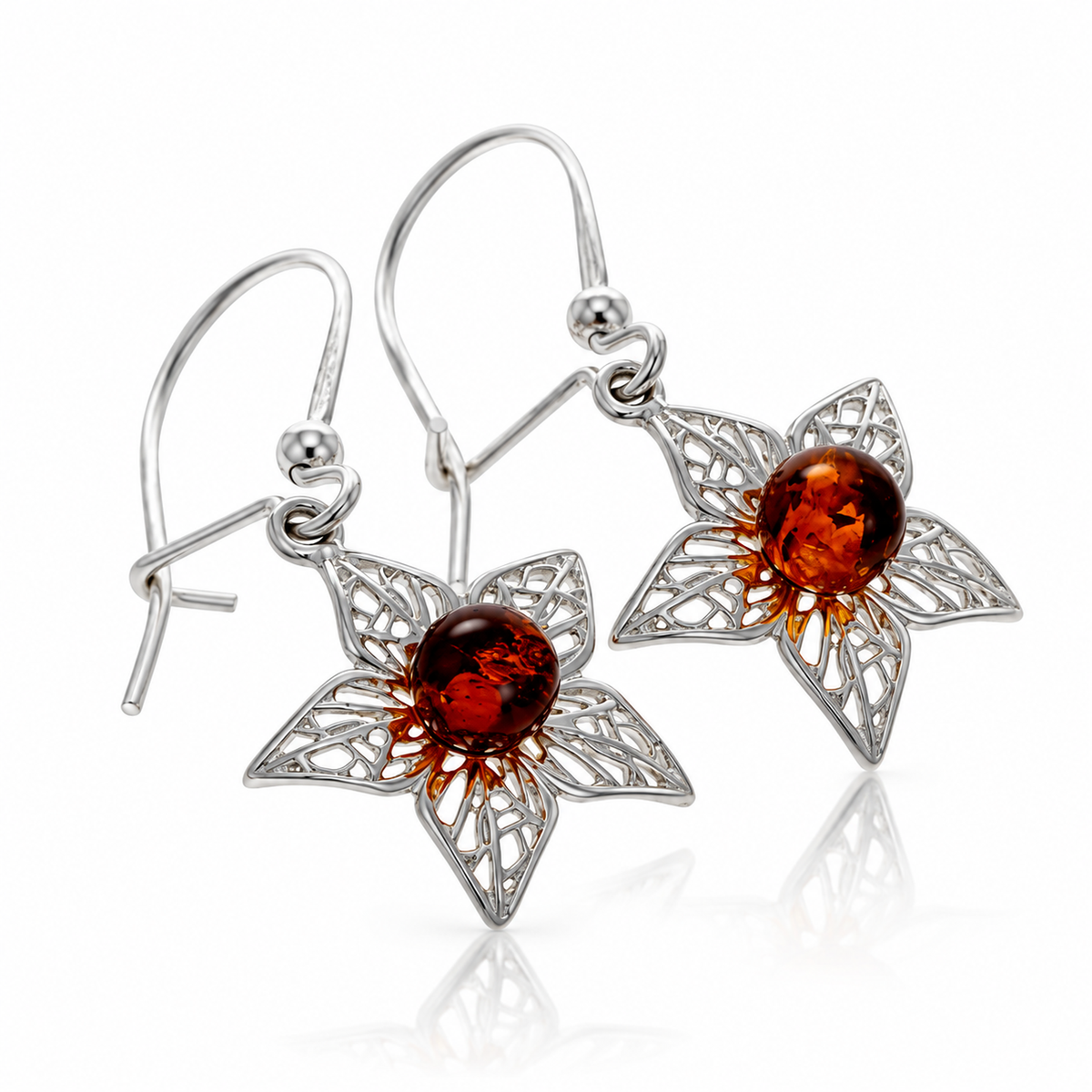 925 Sterling Silver & Genuine Baltic Amber Leaf Dangle Earrings - BS004