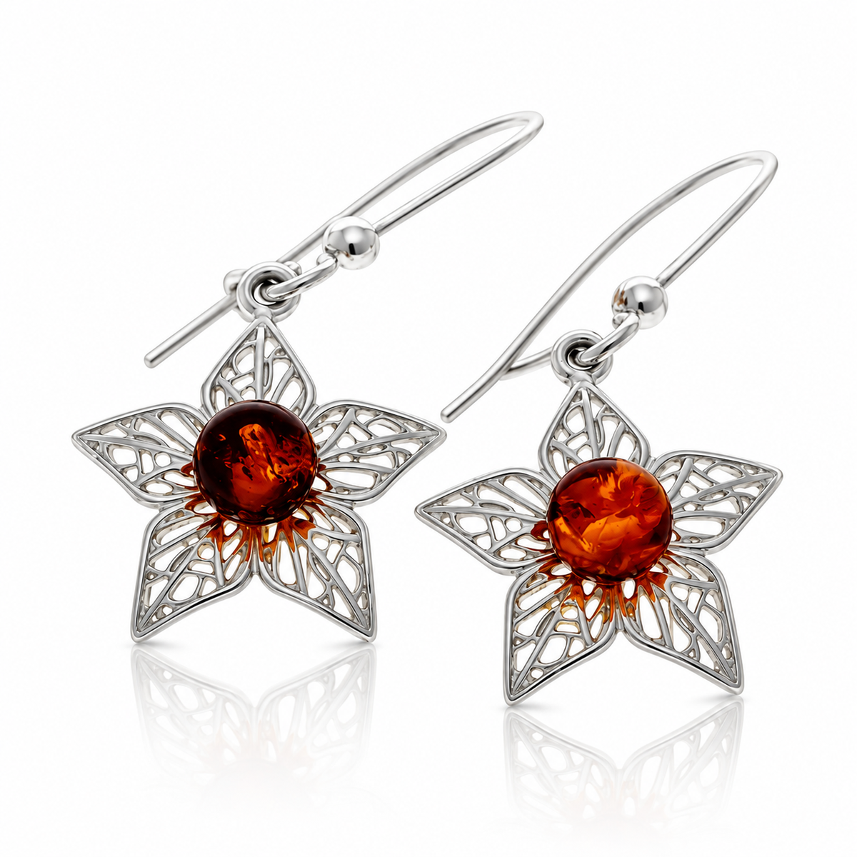 925 Sterling Silver & Genuine Baltic Amber Leaf Dangle Earrings - BS004