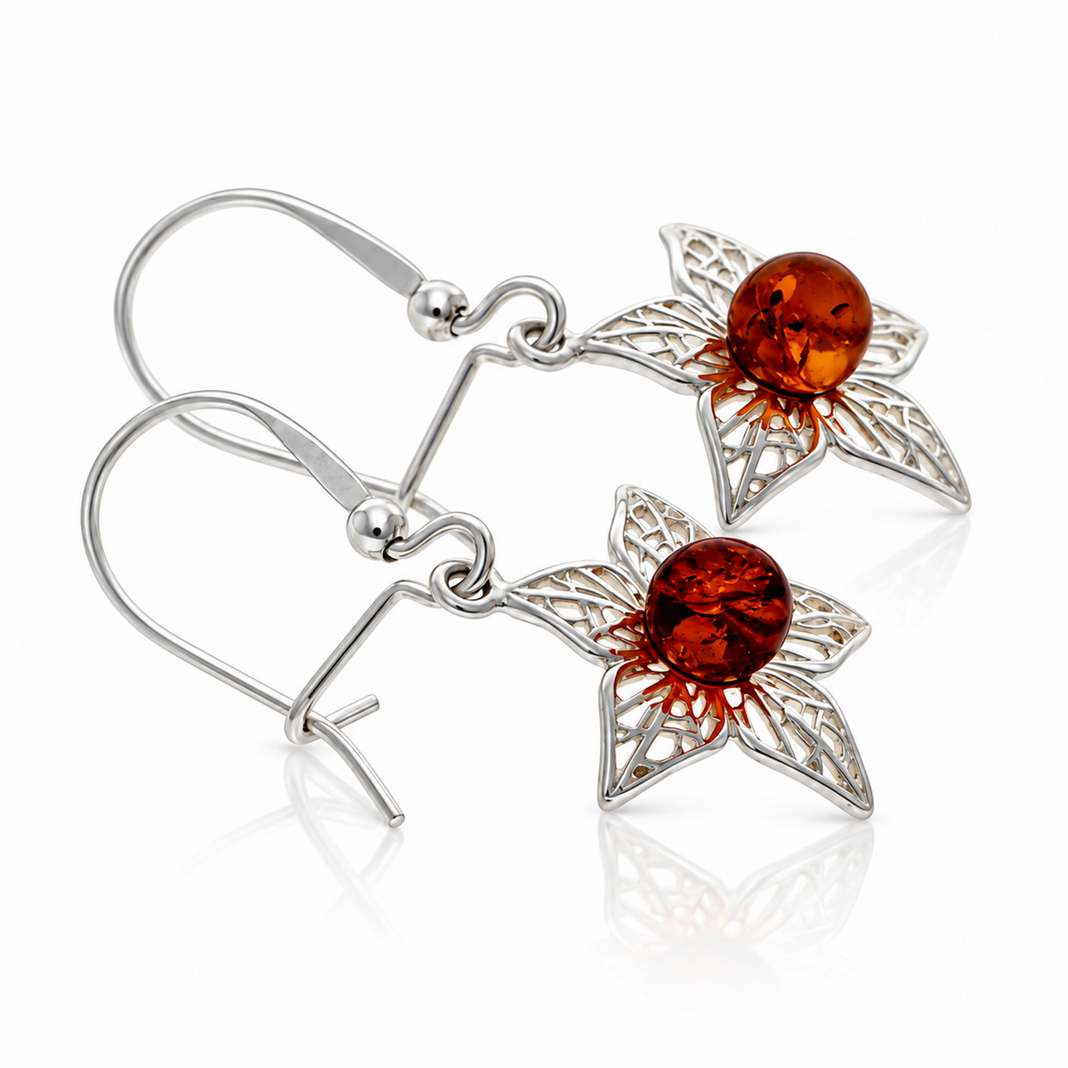 925 Sterling Silver & Genuine Baltic Amber Leaf Dangle Earrings - BS004