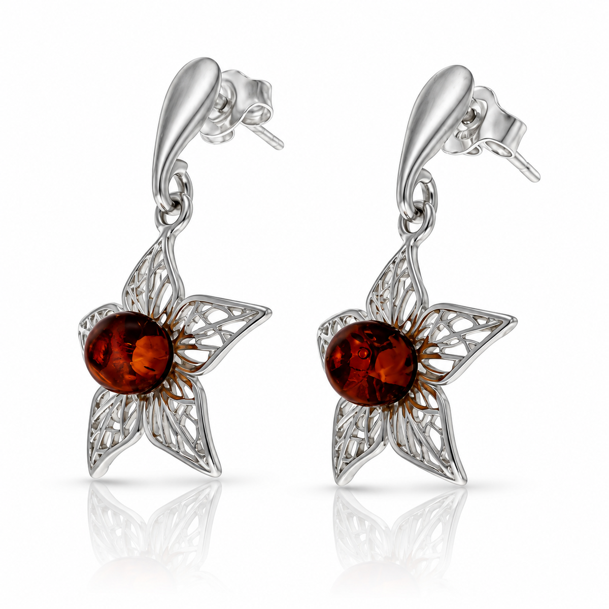 925 Sterling Silver & Genuine Baltic Amber Leaf Dangle Earrings - BS004