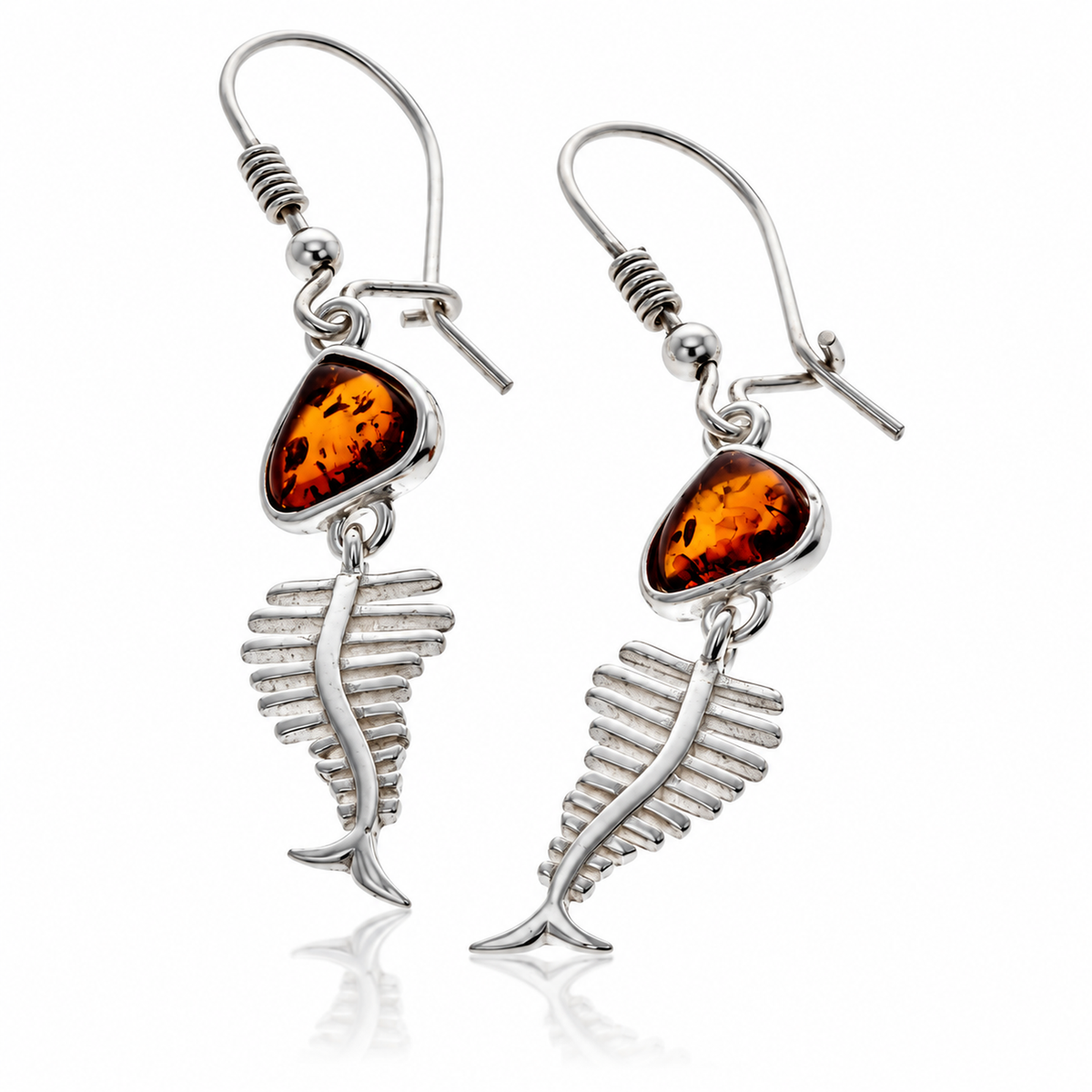 925 Sterling Silver & Genuine Baltic Amber Skeleton Fish Bone Dangle Earrings - BS005