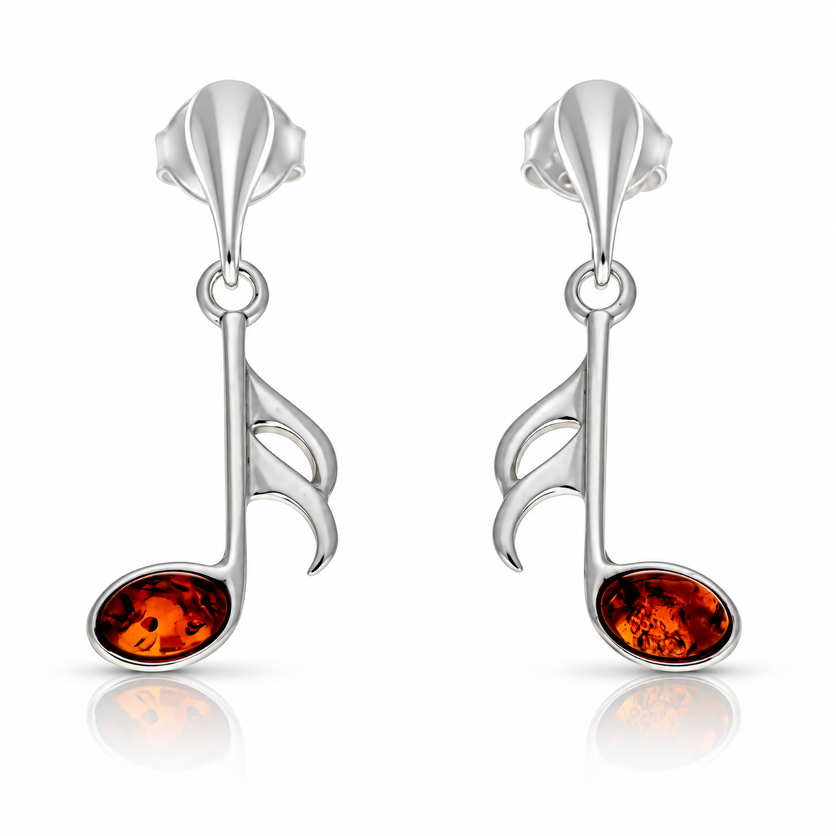 925 Sterling Silver & Genuine Baltic Amber Music Note Drop Earrings - BS006