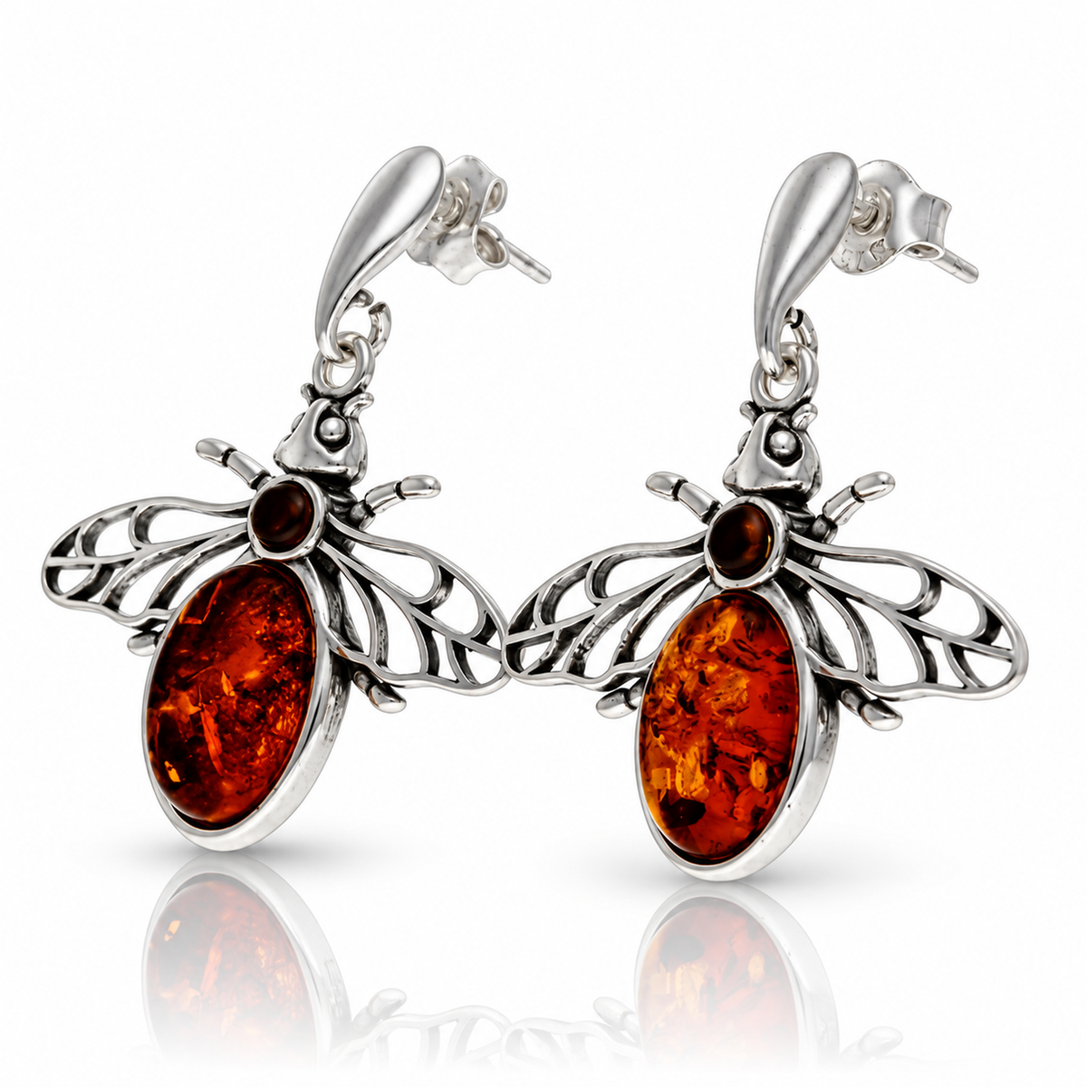 925 Sterling Silver & Genuine Baltic Amber Bee Drop Earrings - BS007