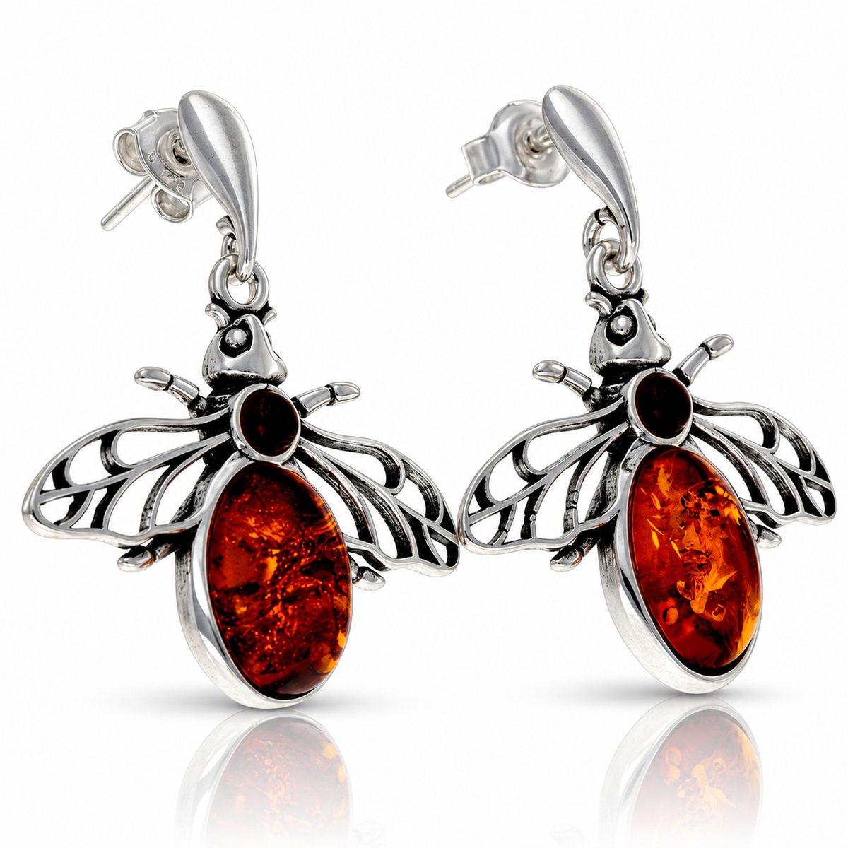 925 Sterling Silver & Genuine Baltic Amber Bee Drop Earrings - BS007
