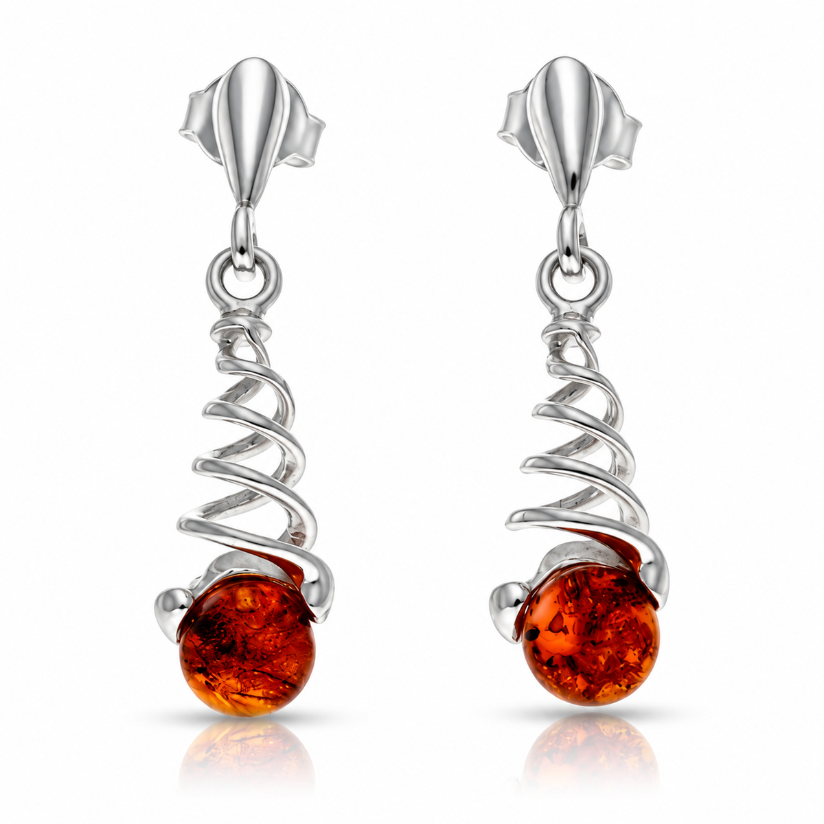 925 Sterling Silver & Genuine Baltic Amber Swirl Drop Earrings - BS008