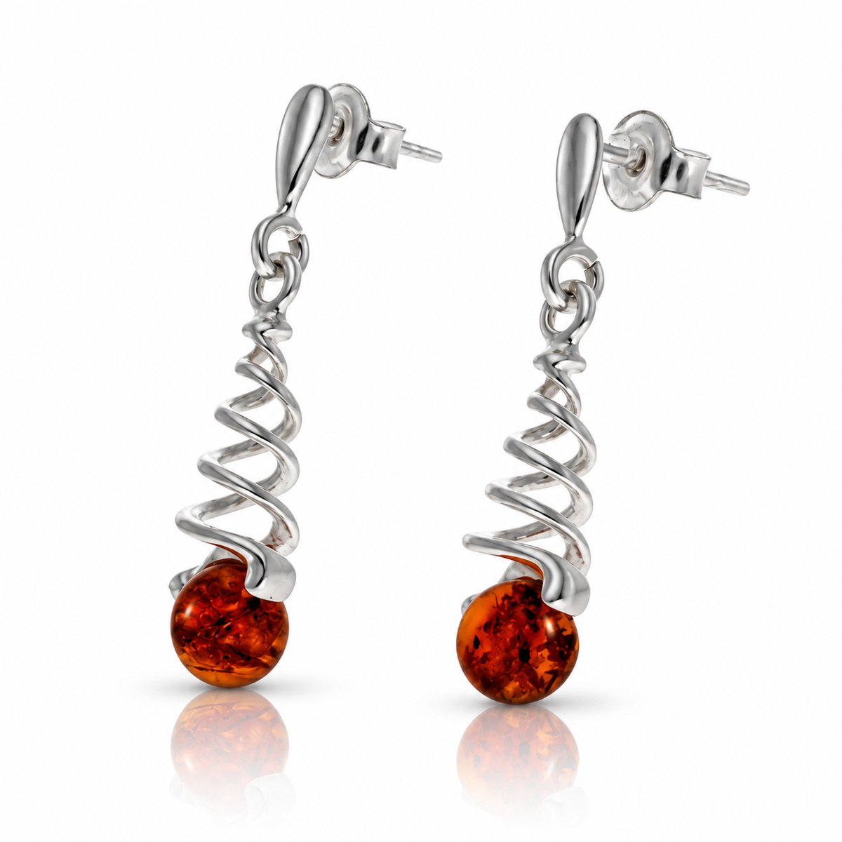 925 Sterling Silver & Genuine Baltic Amber Swirl Drop Earrings - BS008