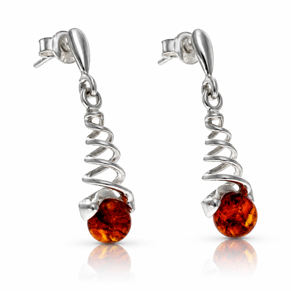 925 Sterling Silver & Genuine Baltic Amber Swirl Drop Earrings - BS008