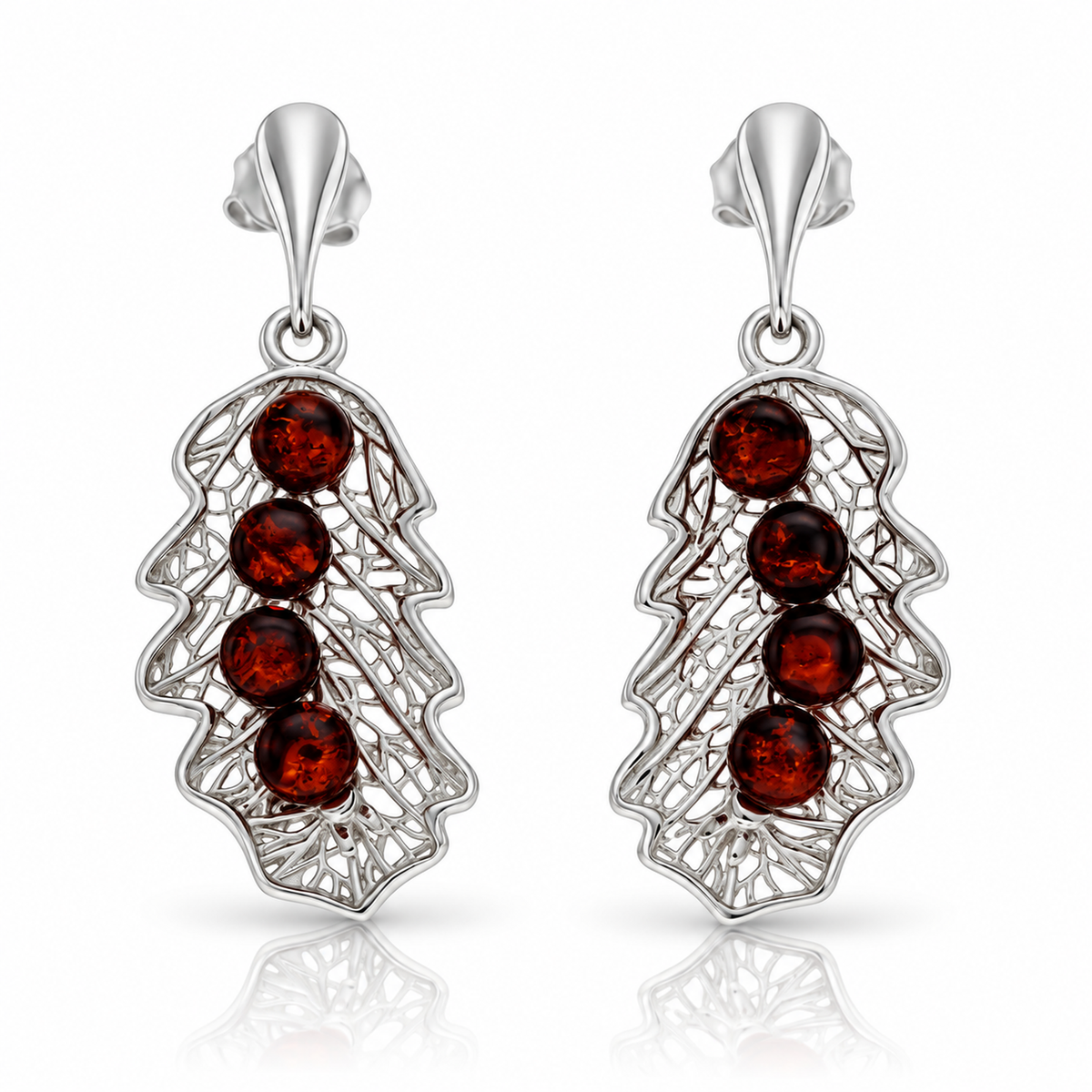925 Sterling Silver & Genuine Baltic Amber Autumn Leaf Drop Earrings - BS009