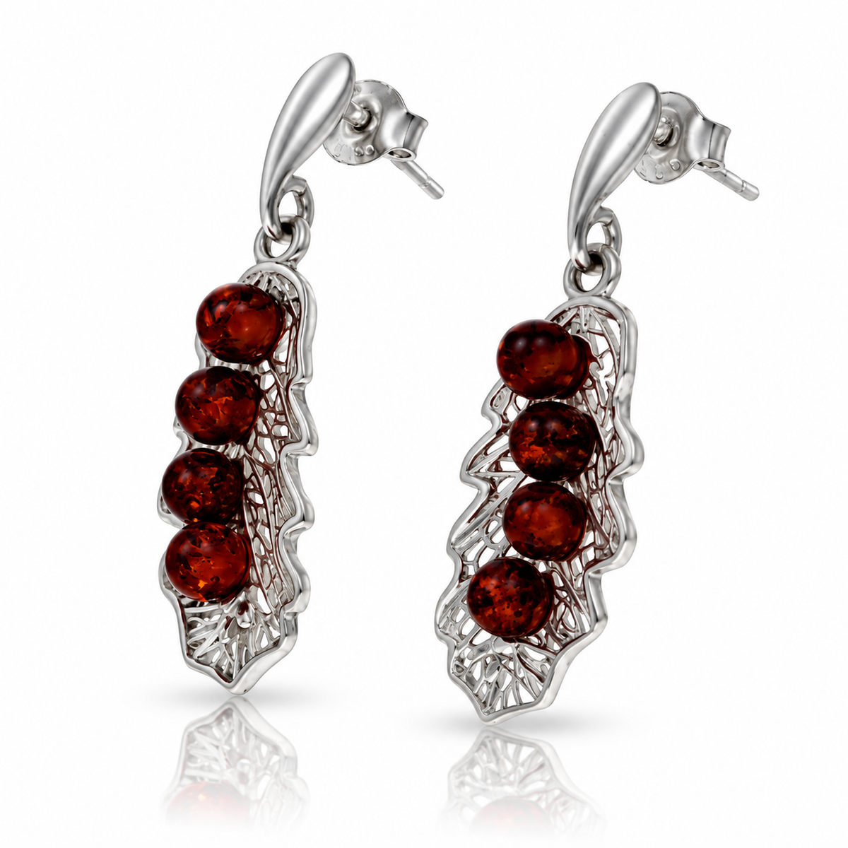 925 Sterling Silver & Genuine Baltic Amber Autumn Leaf Drop Earrings - BS009