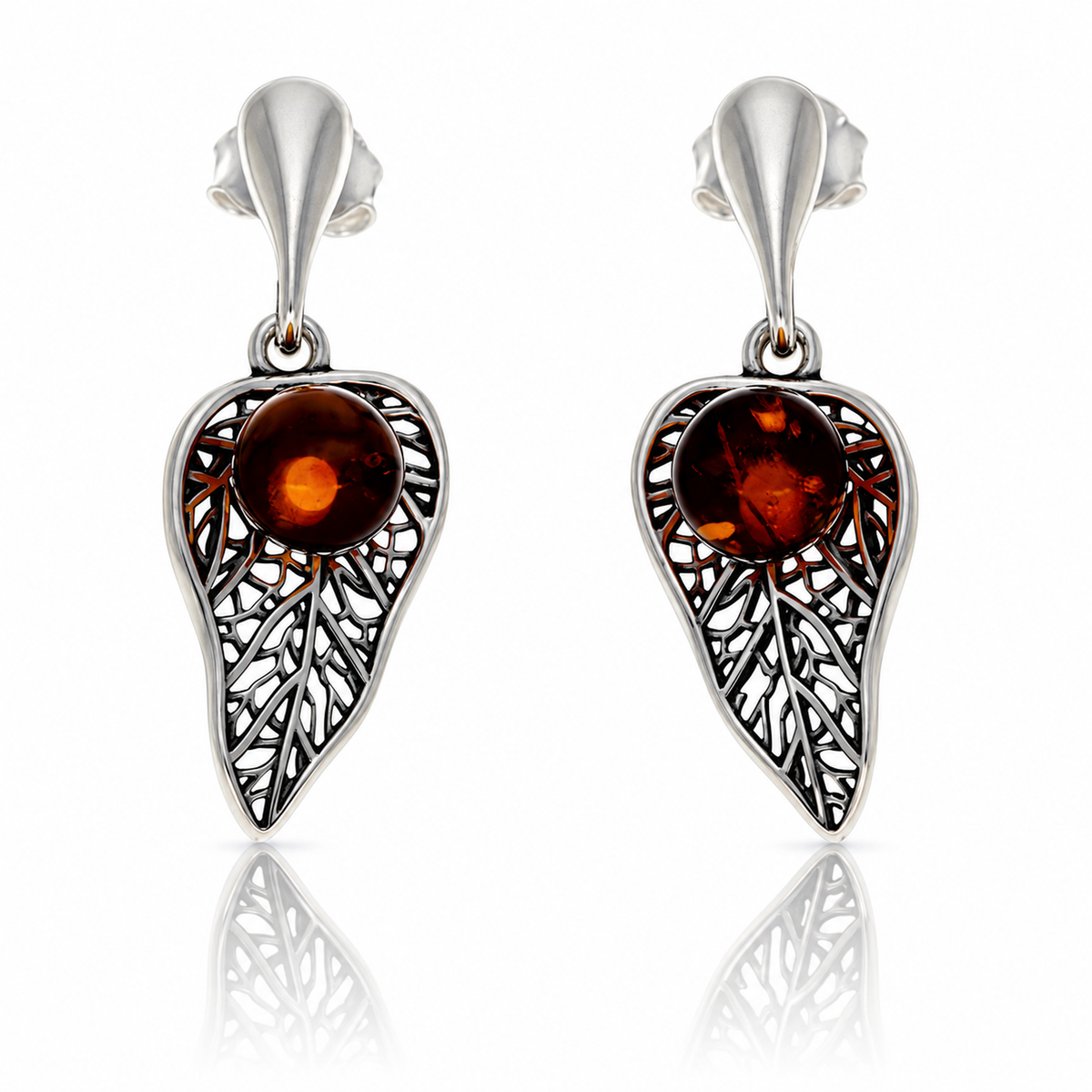 925 Sterling Silver & Genuine Baltic Amber Autumn Leaf Drop Earrings - BS010