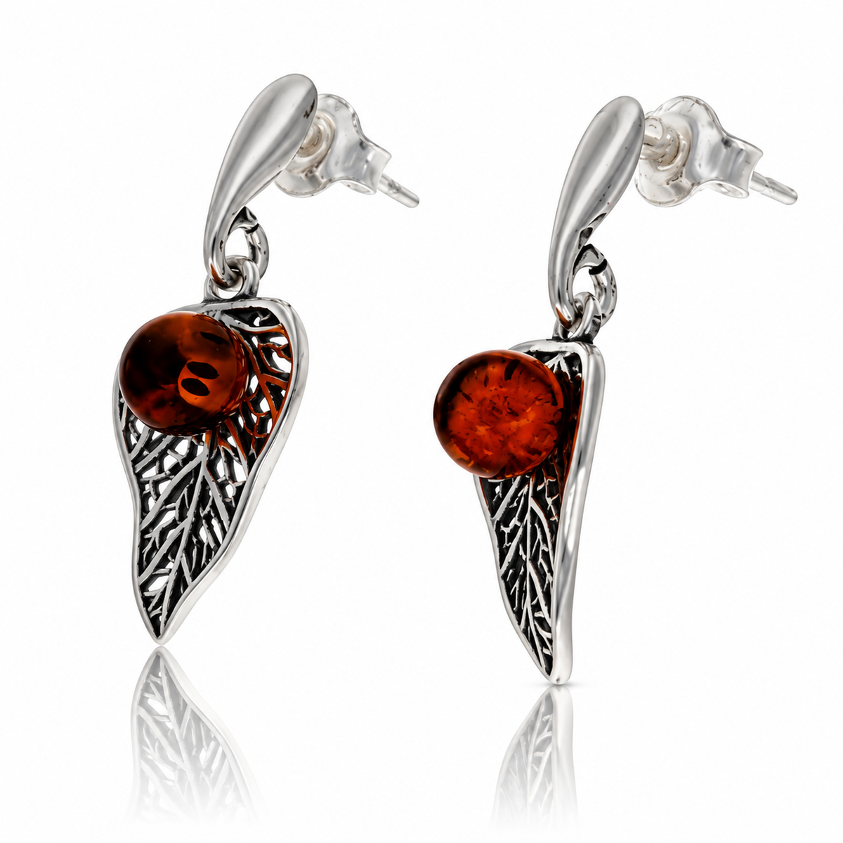 925 Sterling Silver & Genuine Baltic Amber Autumn Leaf Drop Earrings - BS010