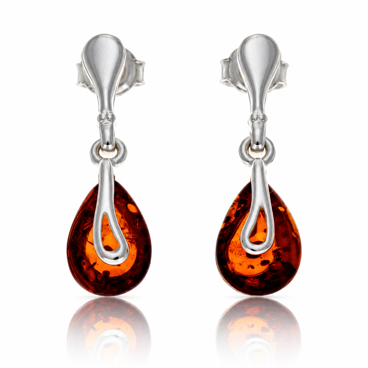 925 Sterling Silver & Genuine Baltic Amber Teardrop Drop Earrings - BS012
