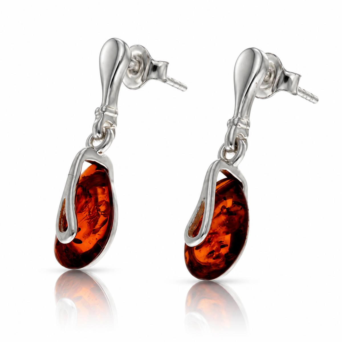 925 Sterling Silver & Genuine Baltic Amber Teardrop Drop Earrings - BS012