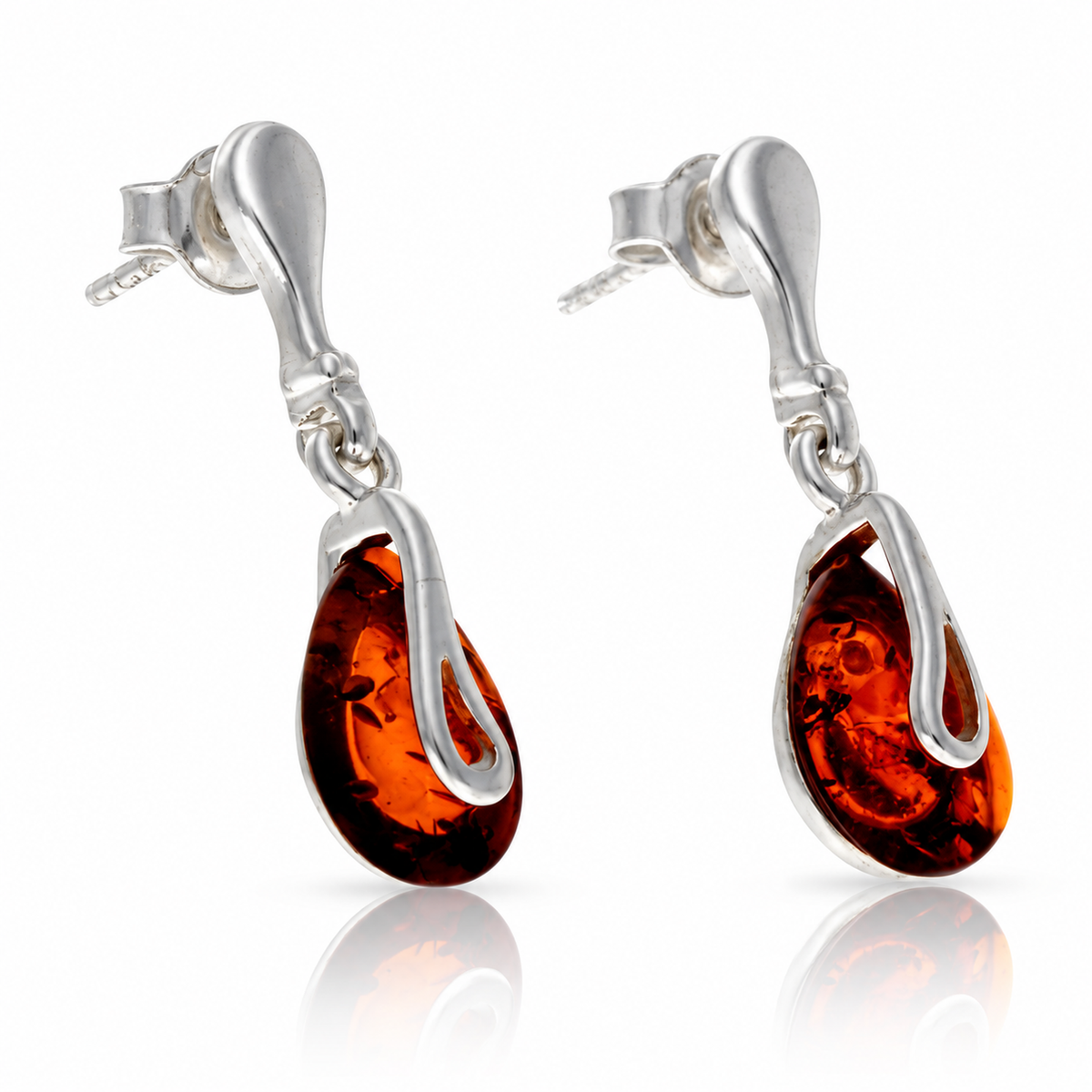 925 Sterling Silver & Genuine Baltic Amber Teardrop Drop Earrings - BS012