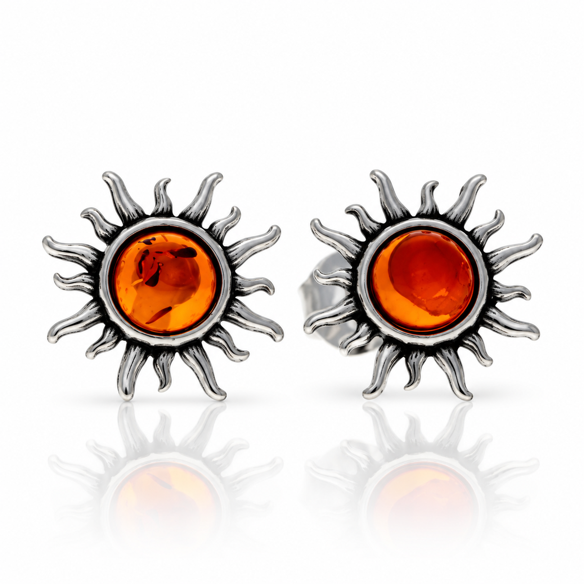 925 Sterling Silver & Genuine Baltic Amber Little Sun / Stars Earrings Stud Earrings - BS013