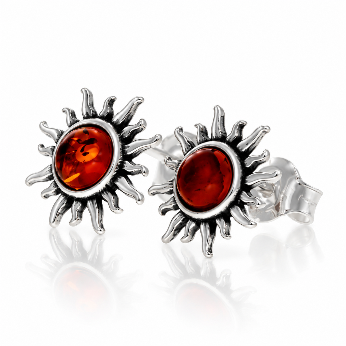925 Sterling Silver & Genuine Baltic Amber Little Sun / Stars Earrings Stud Earrings - BS013