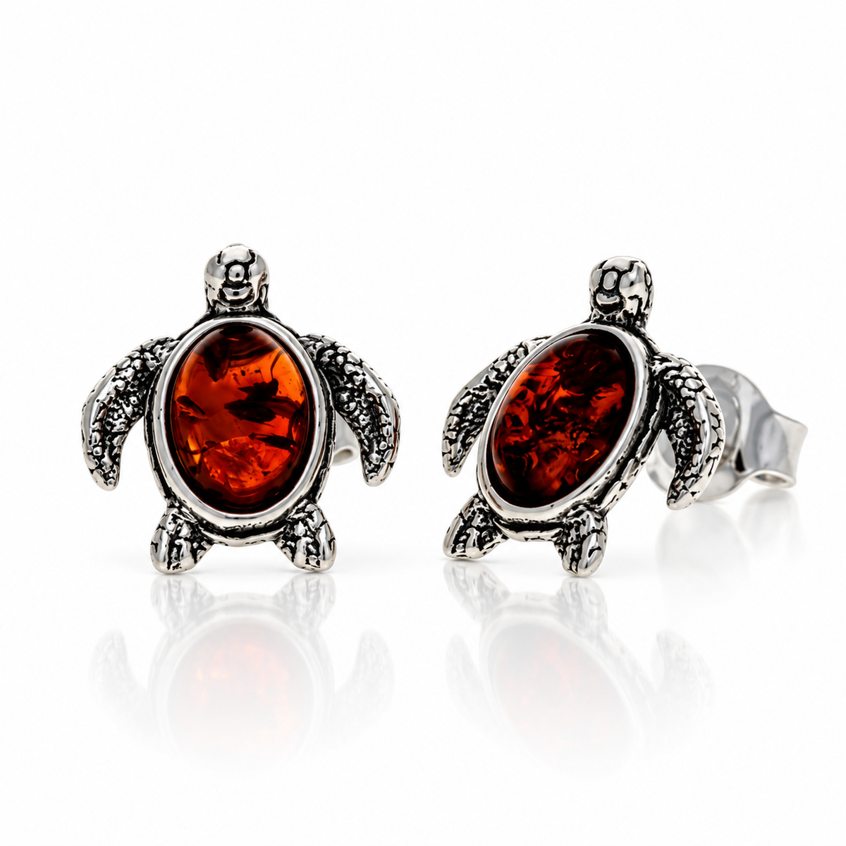 925 Sterling Silver & Genuine Baltic Amber Turtle Stud Earrings - BS014