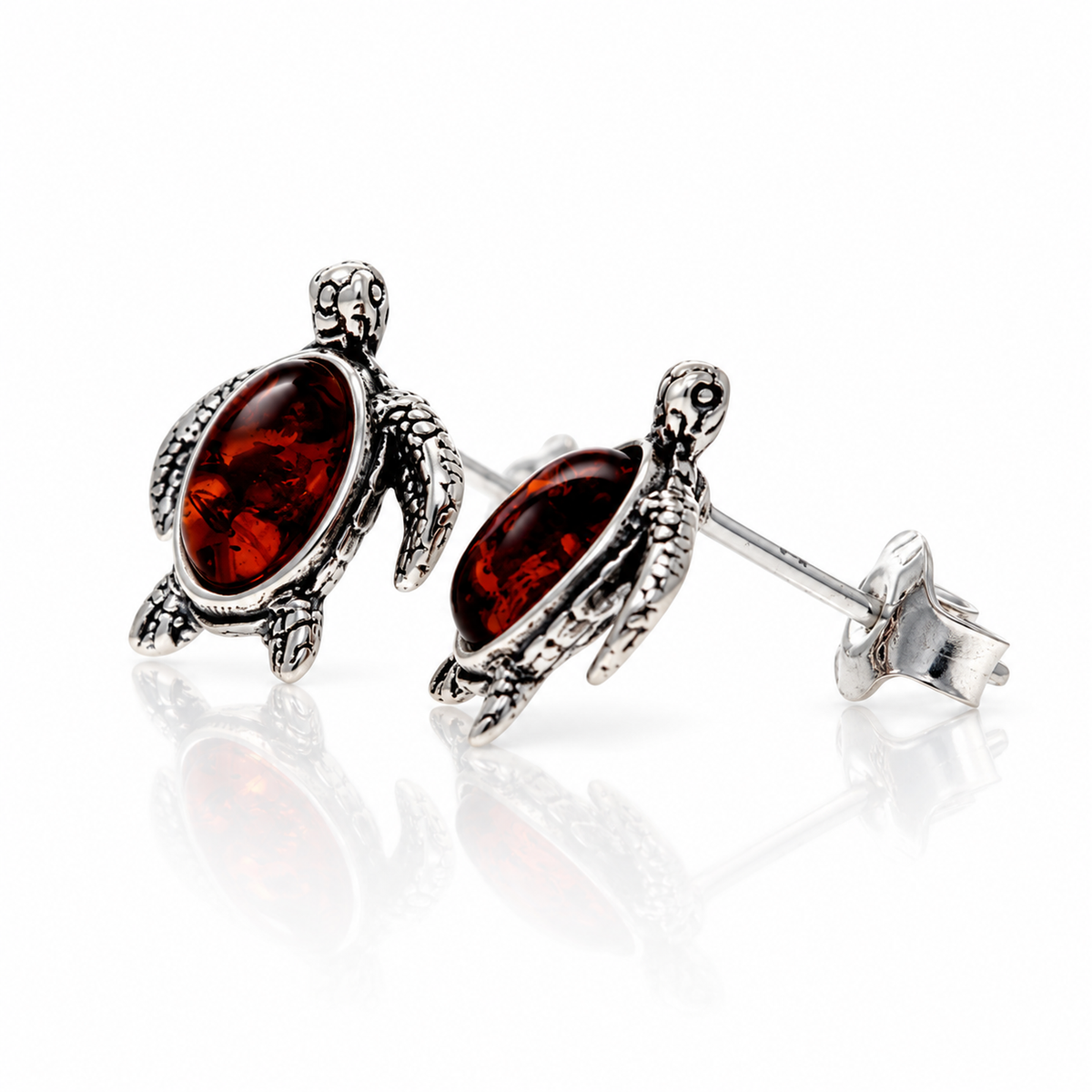 925 Sterling Silver & Genuine Baltic Amber Turtle Stud Earrings - BS014